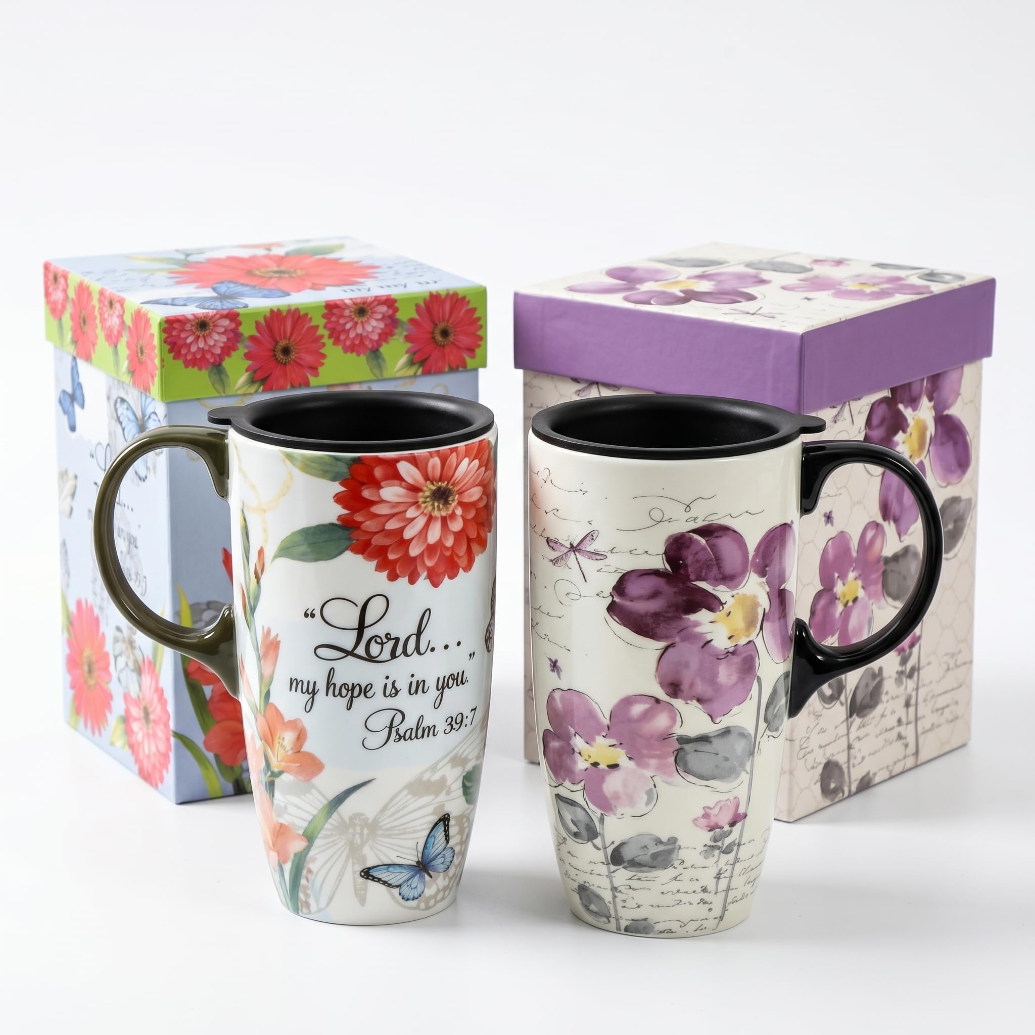 Topadorn 17oz Ceramic Travel Mug with Lid, Tall Ceramic Coffee Mug with Handle, Purple Floral Coffee Cup with Gift Box