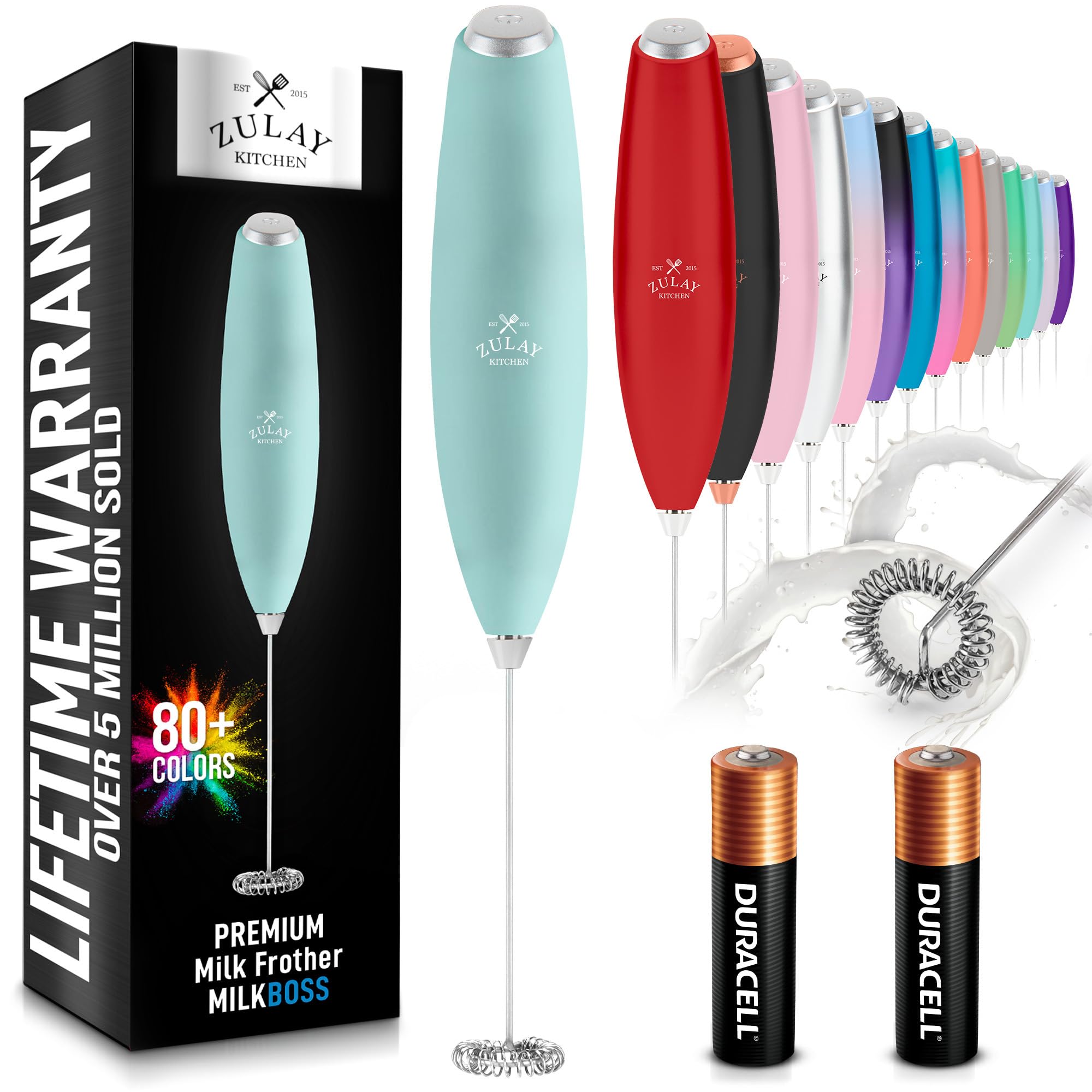 Zulay Kitchen Powerful Milk Frother AA Batteries Included – Ultra Fast Handheld Drink Mixer with Stainless Steel Whisk Stirrer for Coffee, Protein, Matcha & More, Frother Wand Electric Frothmate Black