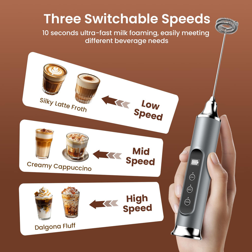YUSWKO Milk Frother Wand for Coffee, Handheld Coffee Frother, Rechargeable Drink Mixer, Waterproof Electric Whisk, Black