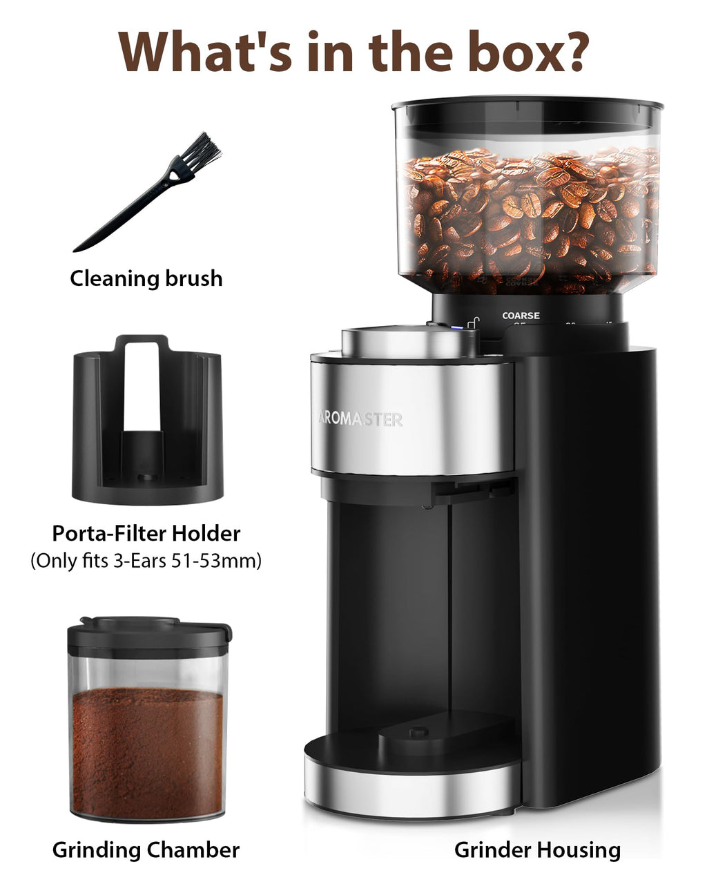 Aromaster Burr Coffee Grinder, Electric Conical Coffee Bean Grinder for Home Use, with 25 Grind Settings,3-Ears Portafilter Holder, Anti-static Design, Adjustable 2-12 Cups Timer, Cleaning Brush