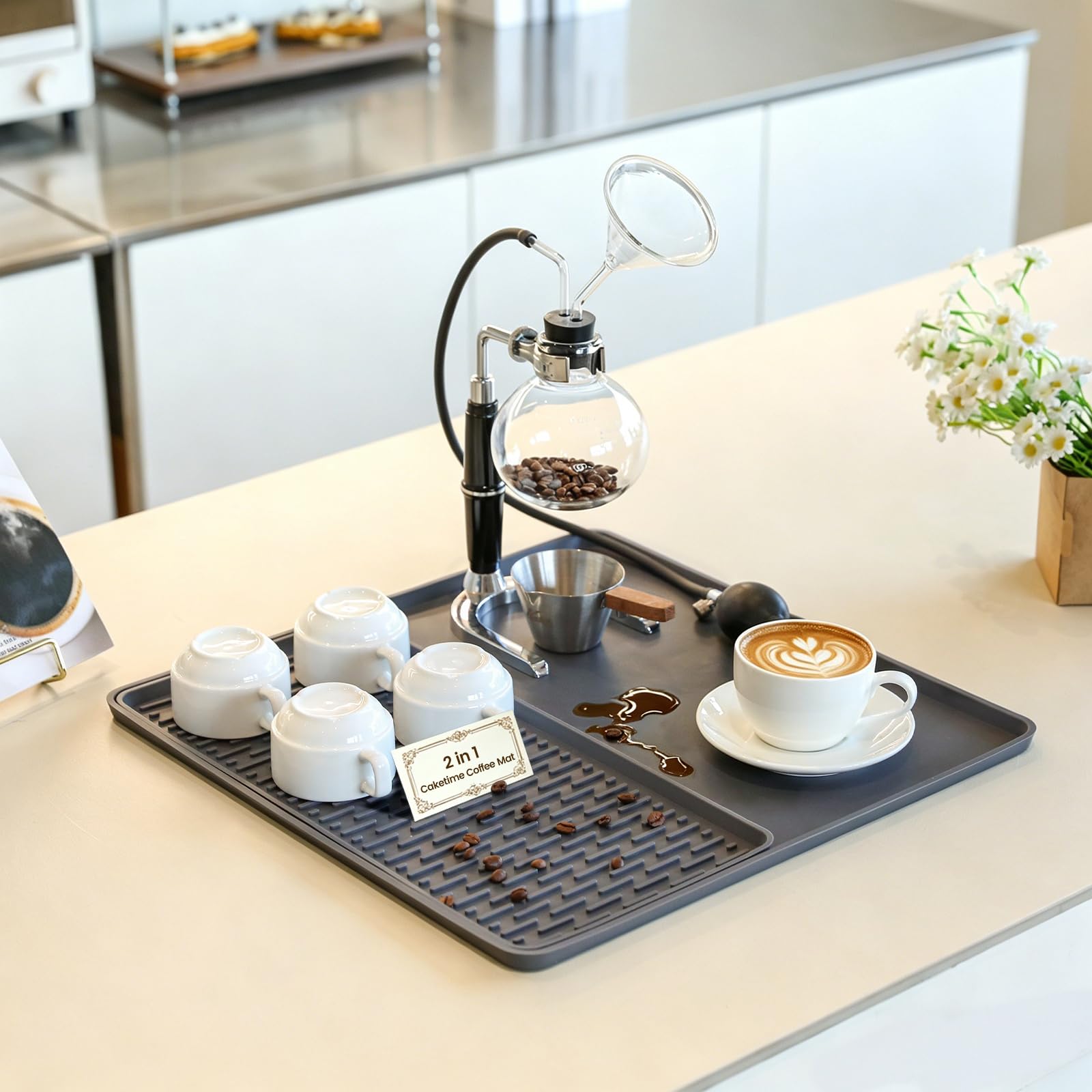 Caketime 2 In 1 Silicone Coffee Bar Mat Accessories Detachable Dish Drying Rug Rack Stone for Kitchen Counter Home Household Apartment Office Essentials Barista Espresso Machine Drainer Must Have
