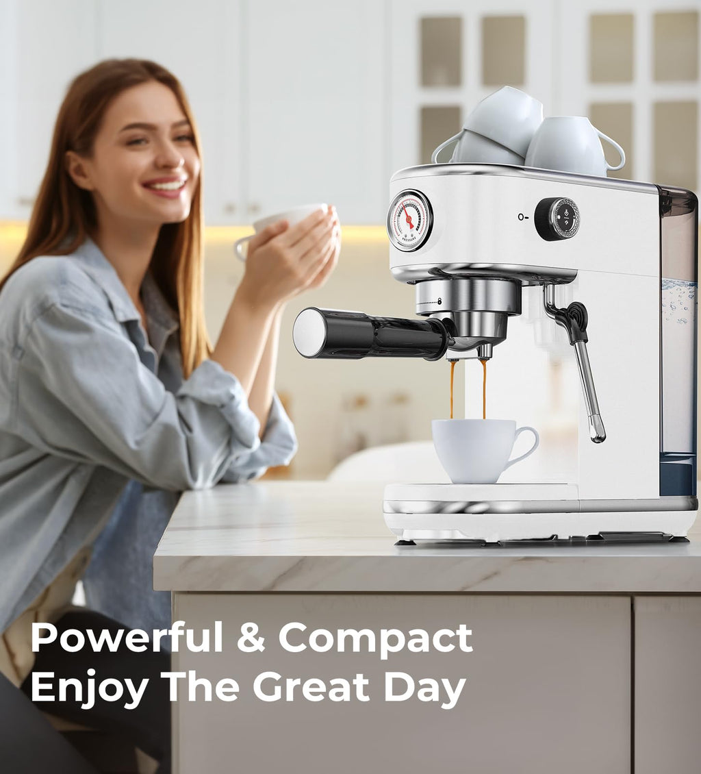 atatix Espresso Machine with Milk Frother, 20 Bar Pressure Espresso Maker, with 44OZ Removable Tank, Compact Stainless Steel Coffee Machine for Home, Office, Latte, Cappuccino, Macchiato, Silver