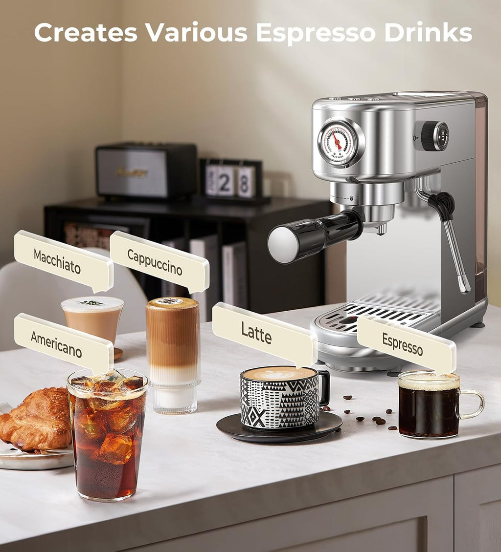 Espresso Machine with Milk Frother, 20 Bar Pressure Espresso Maker, with 44OZ Removable Tank, Compact Stainless Steel Coffee Machine for Home, Office, Latte, Cappuccino, Gift for Women or Men