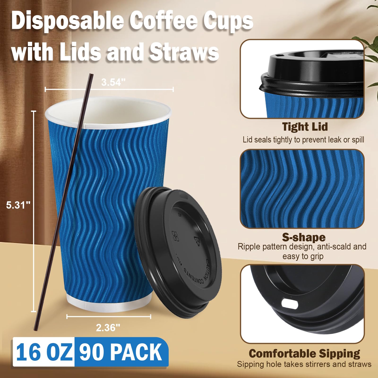 SIUQ 12 oz Coffee Cups-90 Pack Disposable Coffee Cups with Lids and Straws, Insulated Ripple Wall To Go Paper Coffee Cup for Coffee, Hot Chocolate and Hot Tea Drinks - Champagne