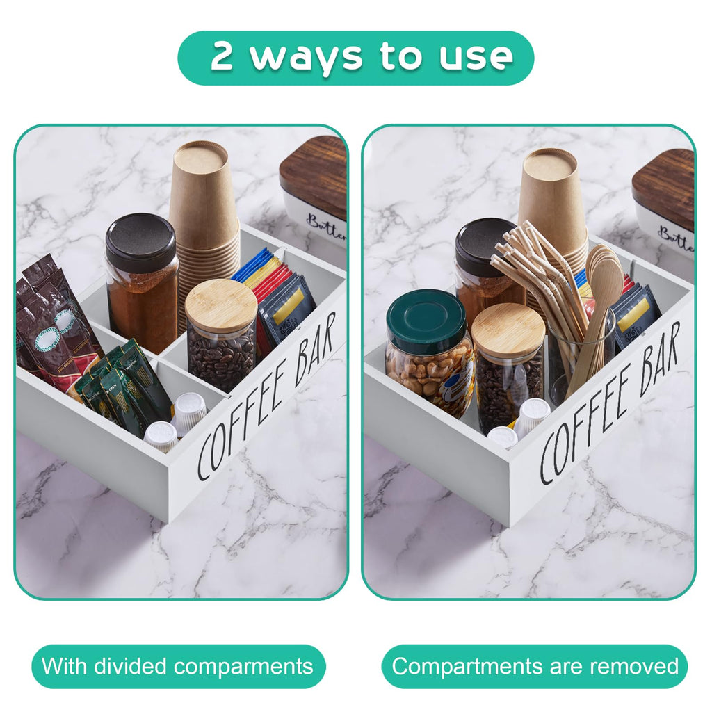 ALELION Coffee Station Organizer - Wood Countertop Accessories Organizer with Removable Dividers for Pods Condiment Syrup Tea Cups Stirrers - for Farmhouse Coffee Bar Decor