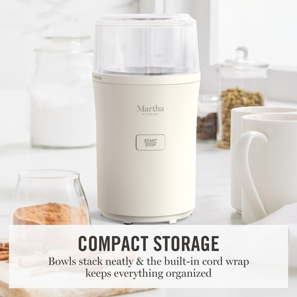 Martha Stewart Electric Coffee & Spice Grinder, Dual 2.5oz Removable Bowls, Storage Lids, Stainless Steel Blades, One Touch Pulse Control, 2-in-1 Compact, Beans & Spices, Herbs & Nuts, Honeydew Green