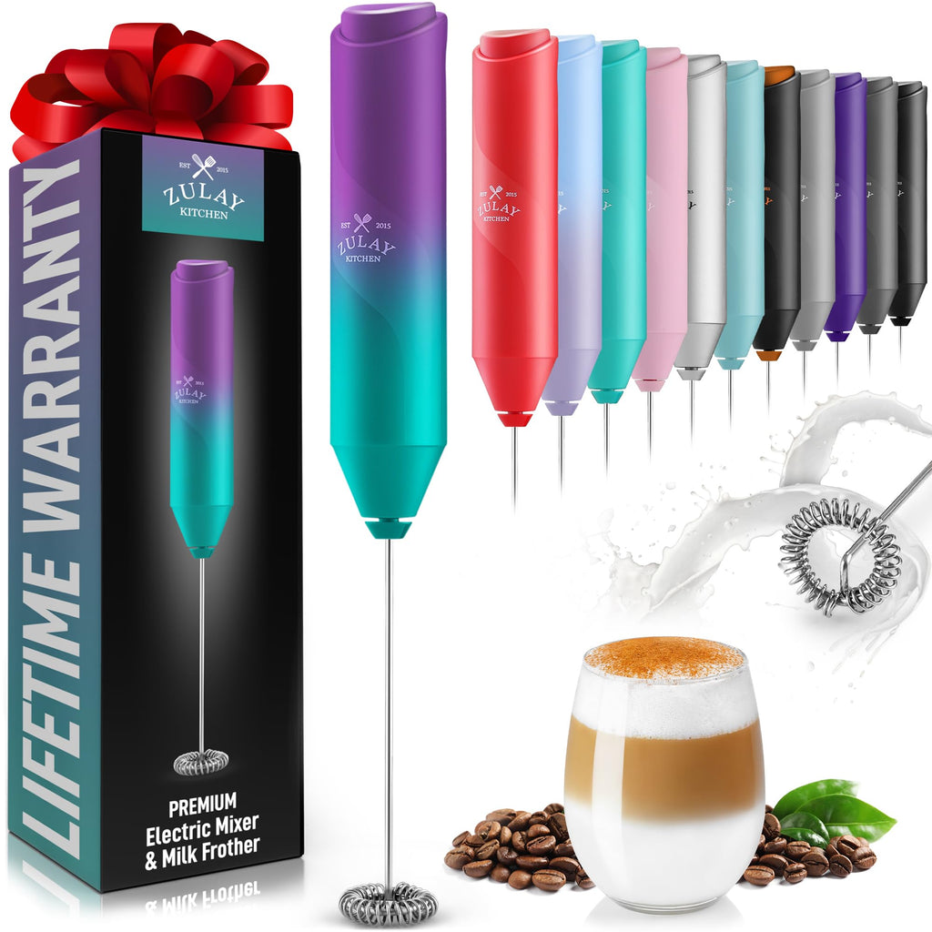 Zulay Kitchen Powerful Milk Frother AA Batteries Included – Ultra Fast Handheld Drink Mixer with Stainless Steel Whisk Stirrer for Coffee, Protein, Matcha & More, Frother Wand Electric Frothmate Black