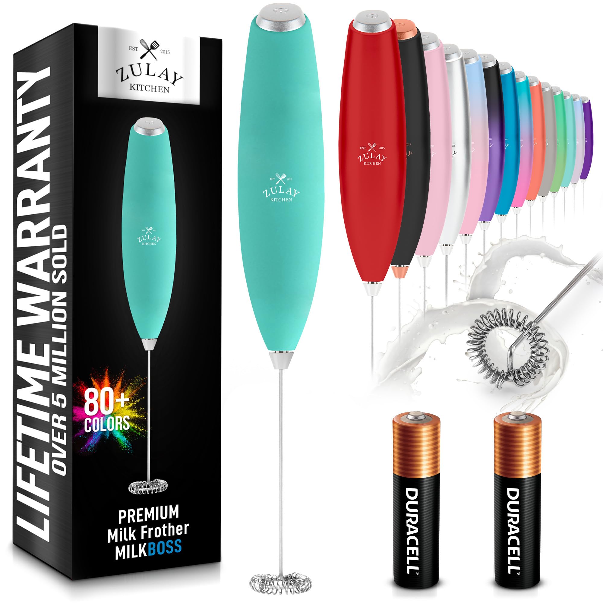 Zulay Kitchen Powerful Milk Frother AA Batteries Included – Ultra Fast Handheld Drink Mixer with Stainless Steel Whisk Stirrer for Coffee, Protein, Matcha & More, Frother Wand Electric Frothmate Black