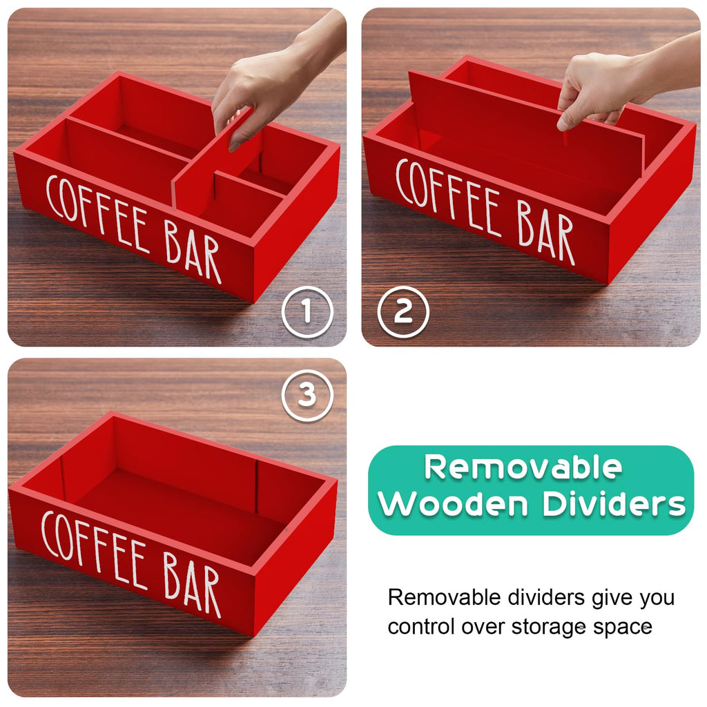 ALELION Coffee Station Organizer - Wood Countertop Accessories Organizer with Removable Dividers for Pods Condiment Syrup Tea Cups Stirrers - for Farmhouse Coffee Bar Decor