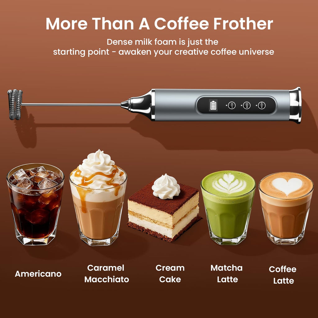 YUSWKO Milk Frother Wand for Coffee, Handheld Coffee Frother, Rechargeable Drink Mixer, Waterproof Electric Whisk, Black