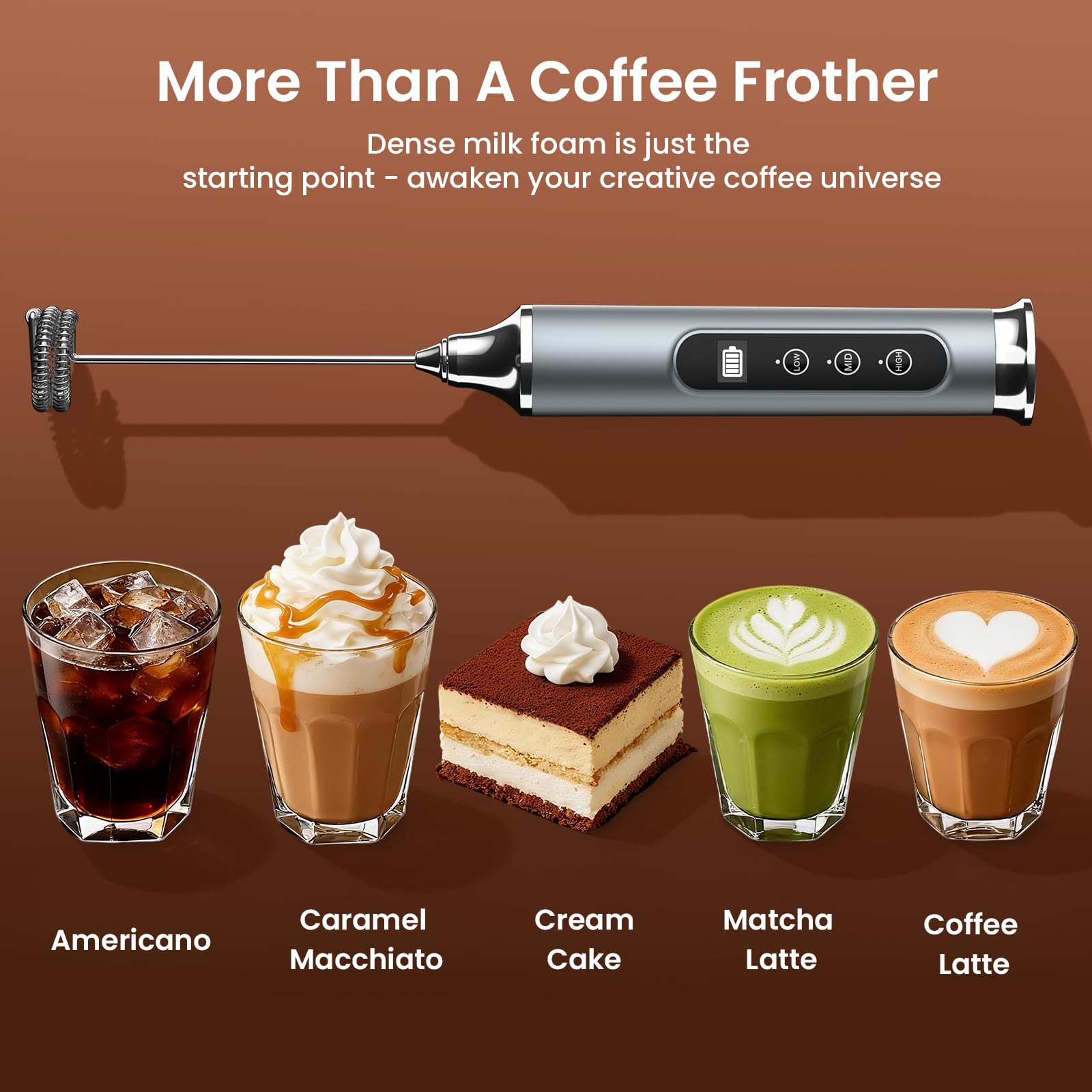 YUSWKO Milk Frother Wand for Coffee, Handheld Coffee Frother, Rechargeable Drink Mixer, Waterproof Electric Whisk, Black