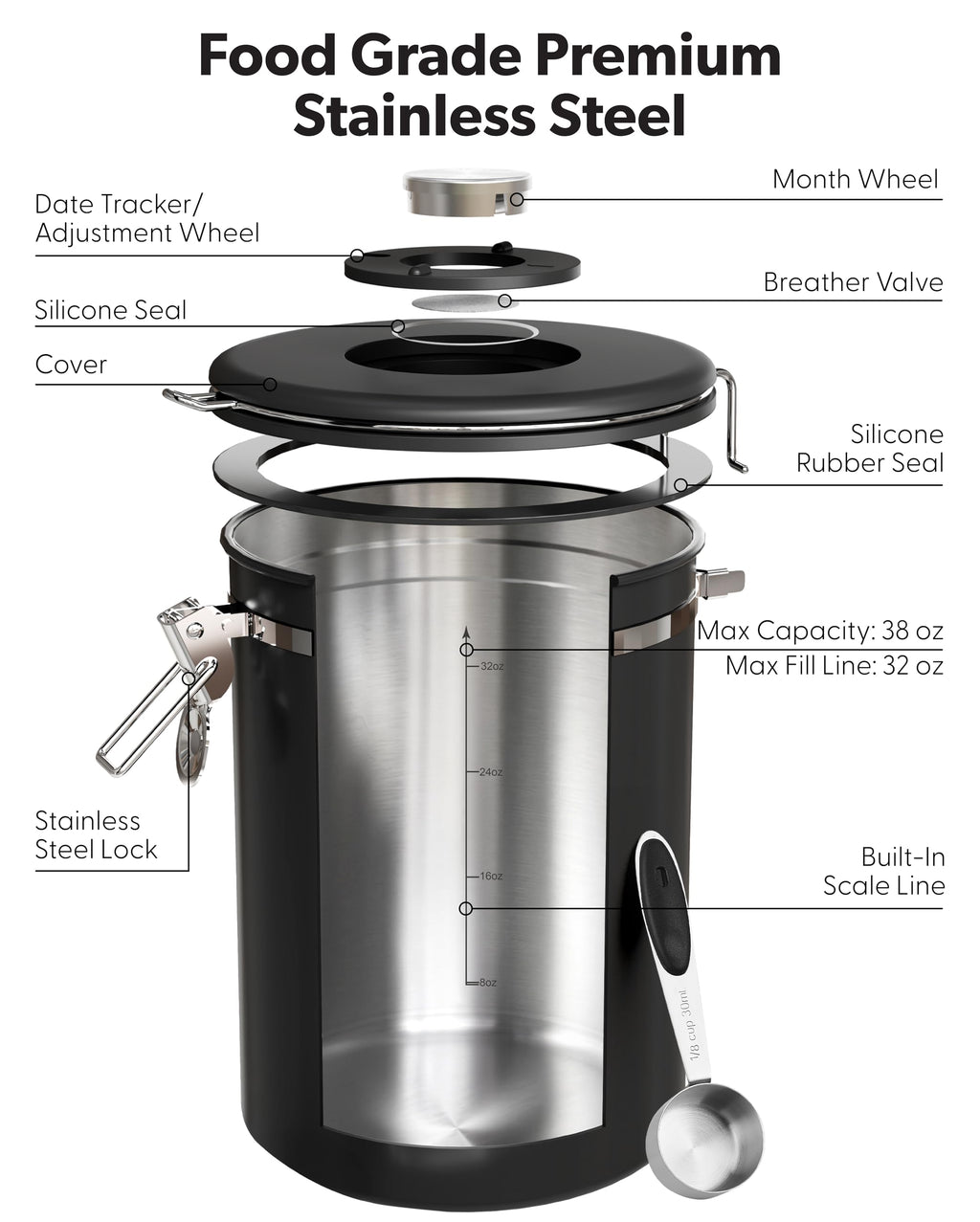 Veken Coffee Canister with Window,Airtight Stainless Steel Pantry Container,Home Kitchen Food Storage Organizers for Ground,Beans,Espresso,Rice,Tea,Sugar,Cereal, Decor,Bar Accessories,Gifts,22OZ,Black