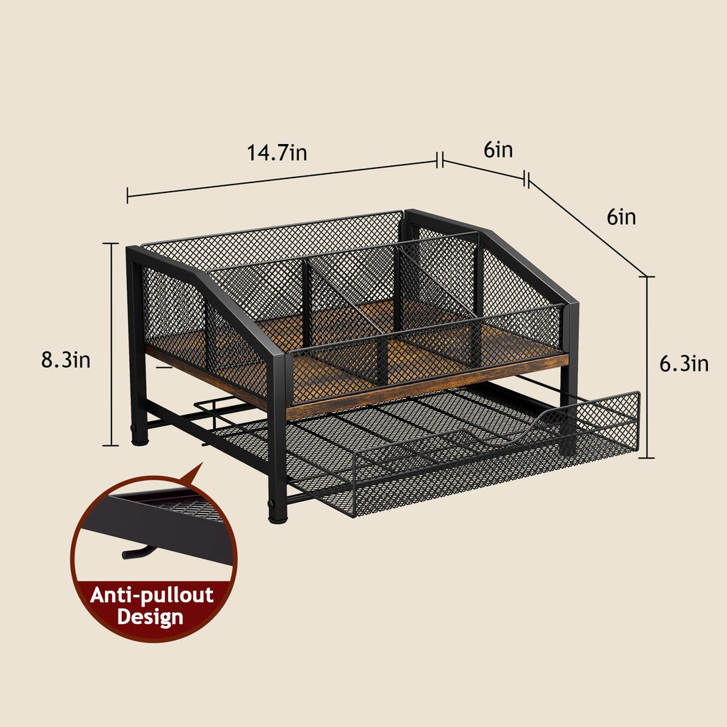 Homsorout Coffee Bar Organizer - Coffee Station for Countertop, Metal and Wood K Cup holder Storage Basket for Coffee Pods, Syrup, Cups, Stirrer, Coffee Condiment, Tea Organizer, Black and Brown
