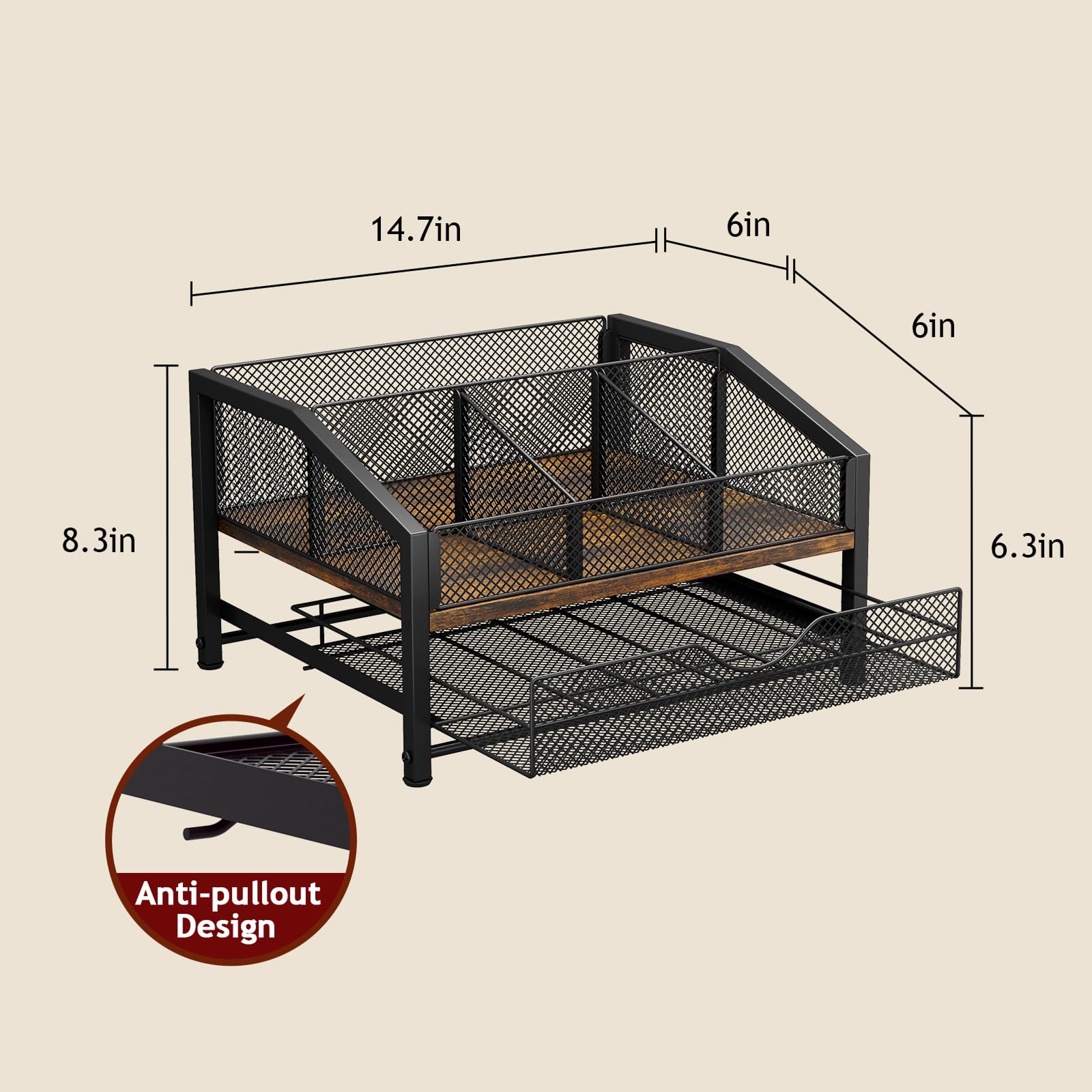 Homsorout Coffee Bar Organizer - Coffee Station for Countertop, Metal and Wood K Cup holder Storage Basket for Coffee Pods, Syrup, Cups, Stirrer, Coffee Condiment, Tea Organizer, Black and Brown
