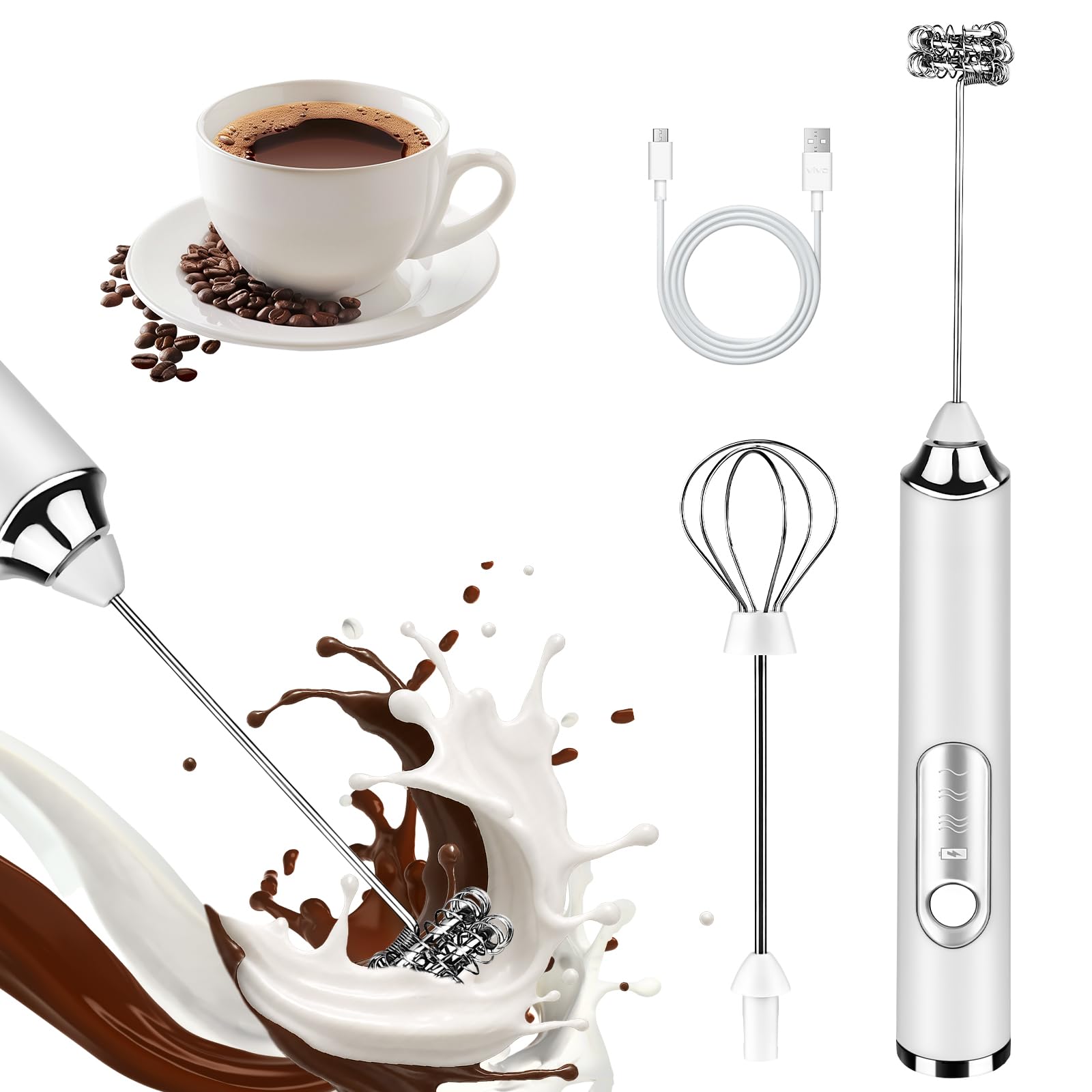 Handheld Milk Frother, rechargeable milk frother with 2 Stainless Steel Whisks 3 Speeds Electric Drink Mixer, Coffee Mixer Wand for Latte, Cappuccino, Matcha, Hot Chocolate, Egg (White)