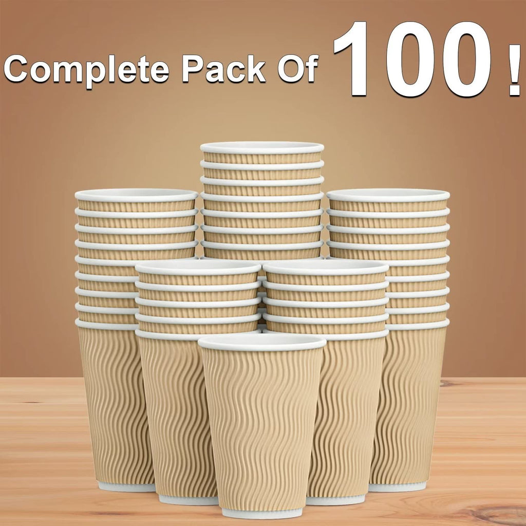 Hot Paper Cups_12 oz Disposable Insulated Corrugated Sleeve Ripple Wall Paper Cup 100 pcs,12oz Cups for Drink，Hot Coffee Cups (Brown)