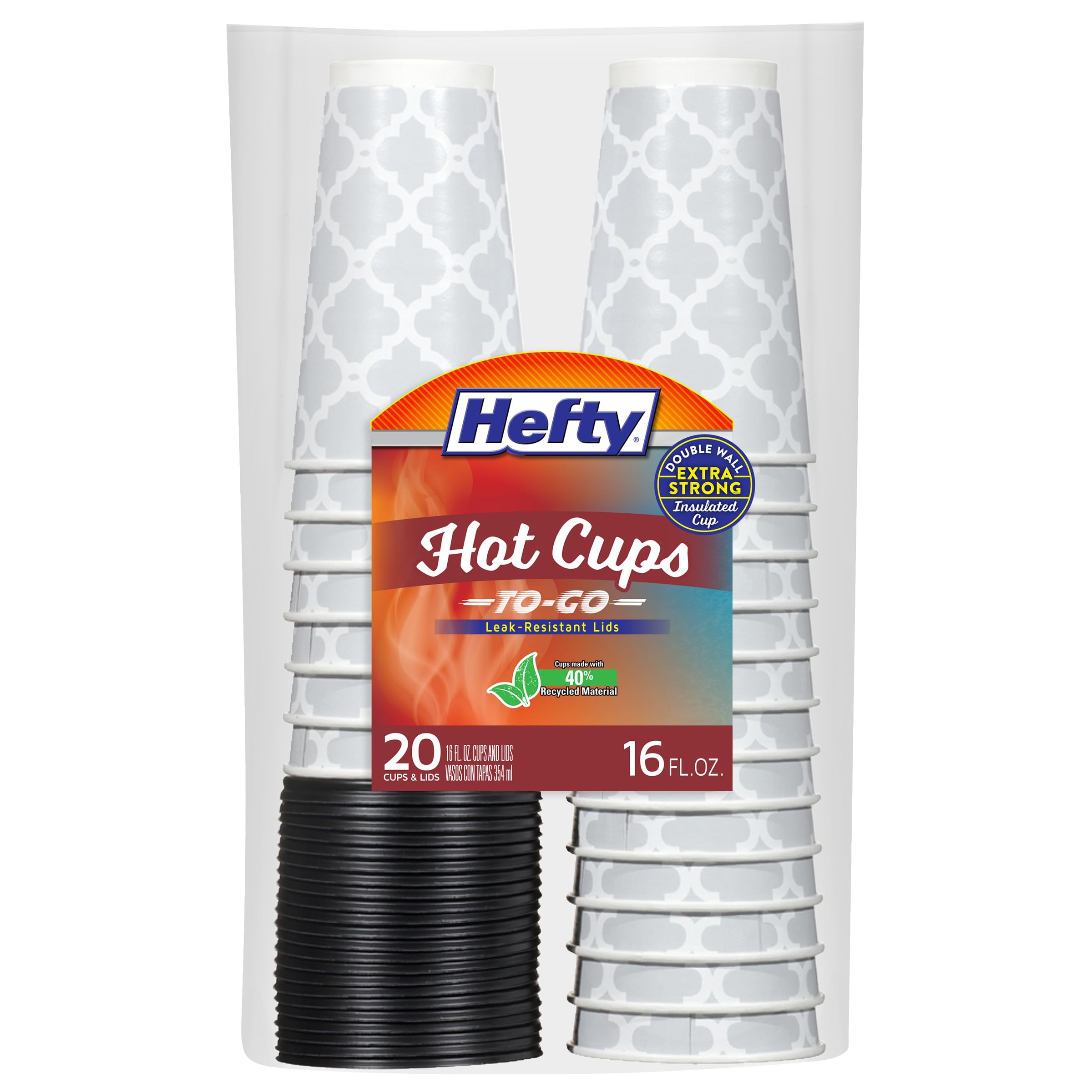 Hefty Disposable Hot Cups with Lids, Insulated Paper Coffee Cups for Tea, Cocoa and Hot Beverages, Leak Resistant Single Use Drink Cups, 16 Ounce, 20 Count