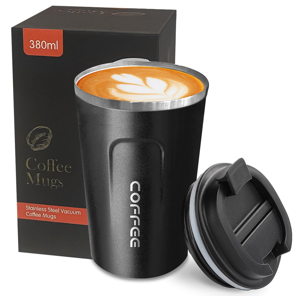 YINBAOGE Insulated Travel Coffee Mug, Spill & Leak Proof, Portable To Go Camping Stainless Steel Coffee Tumbler, Reusable Thermal Coffee Cup with Lid for Hot & Cold Drinks (Black, 12 OZ)