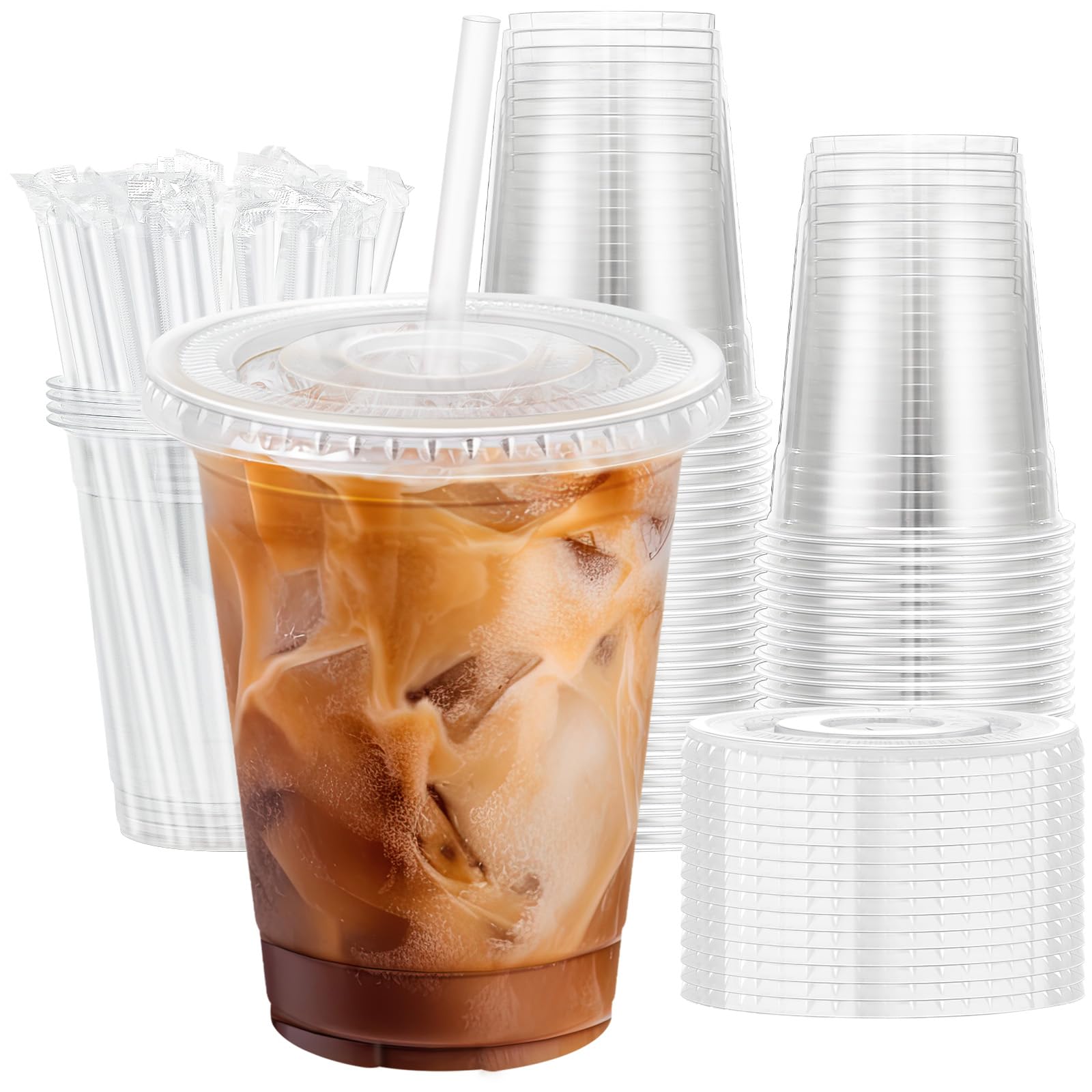 Lamosi 100 Pack 20 oz Clear Plastic Cups with Lids and Straws, Disposable Iced Coffee Cups with Lids for To-Go Cold Drinks, Smoothies and Slushie