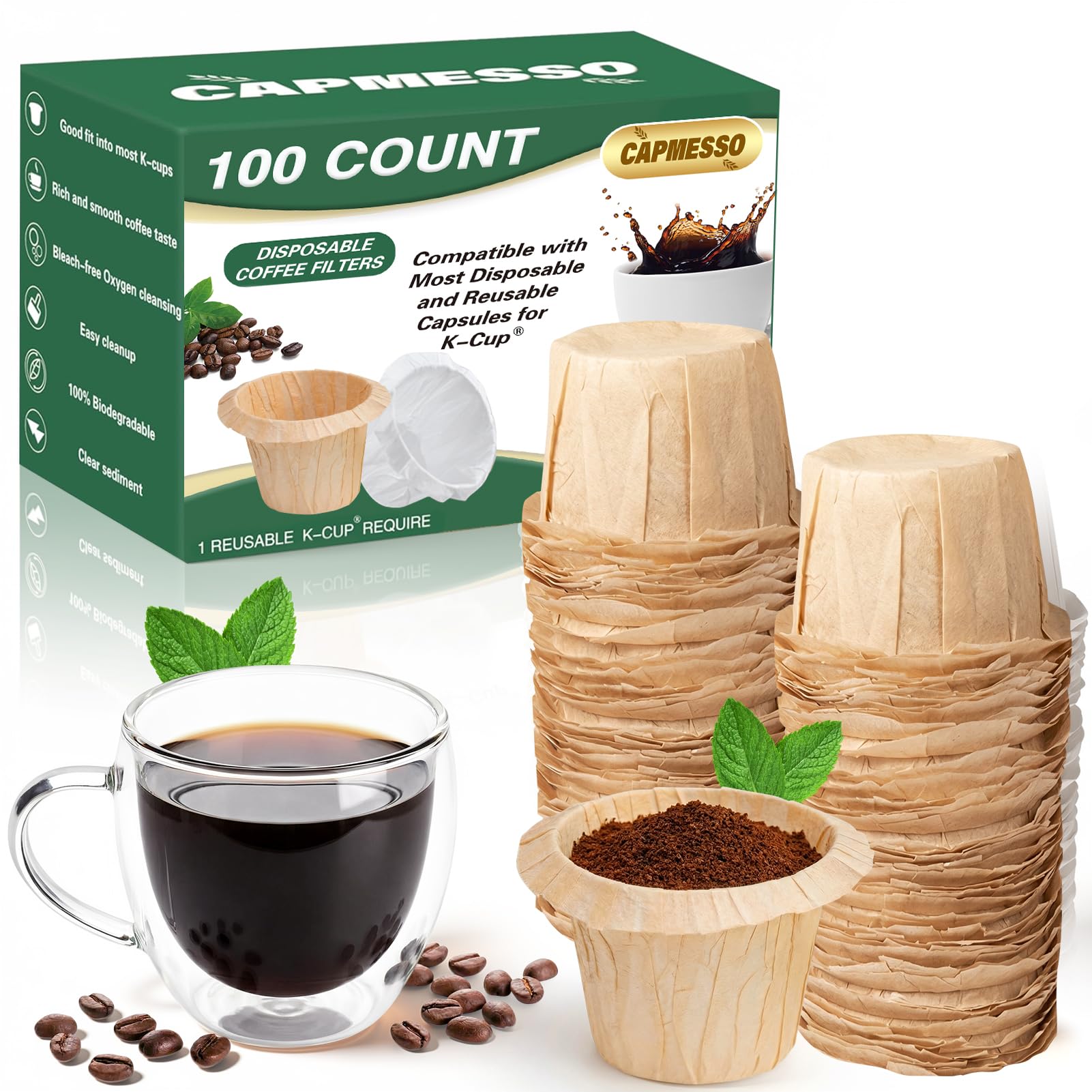 CAPMESSO Disposable Coffee Paper Filters Replacement Keurg Filter Compatible with Reusable Single Serve Pods Keurg Coffee Maker-300 Count (Natural)