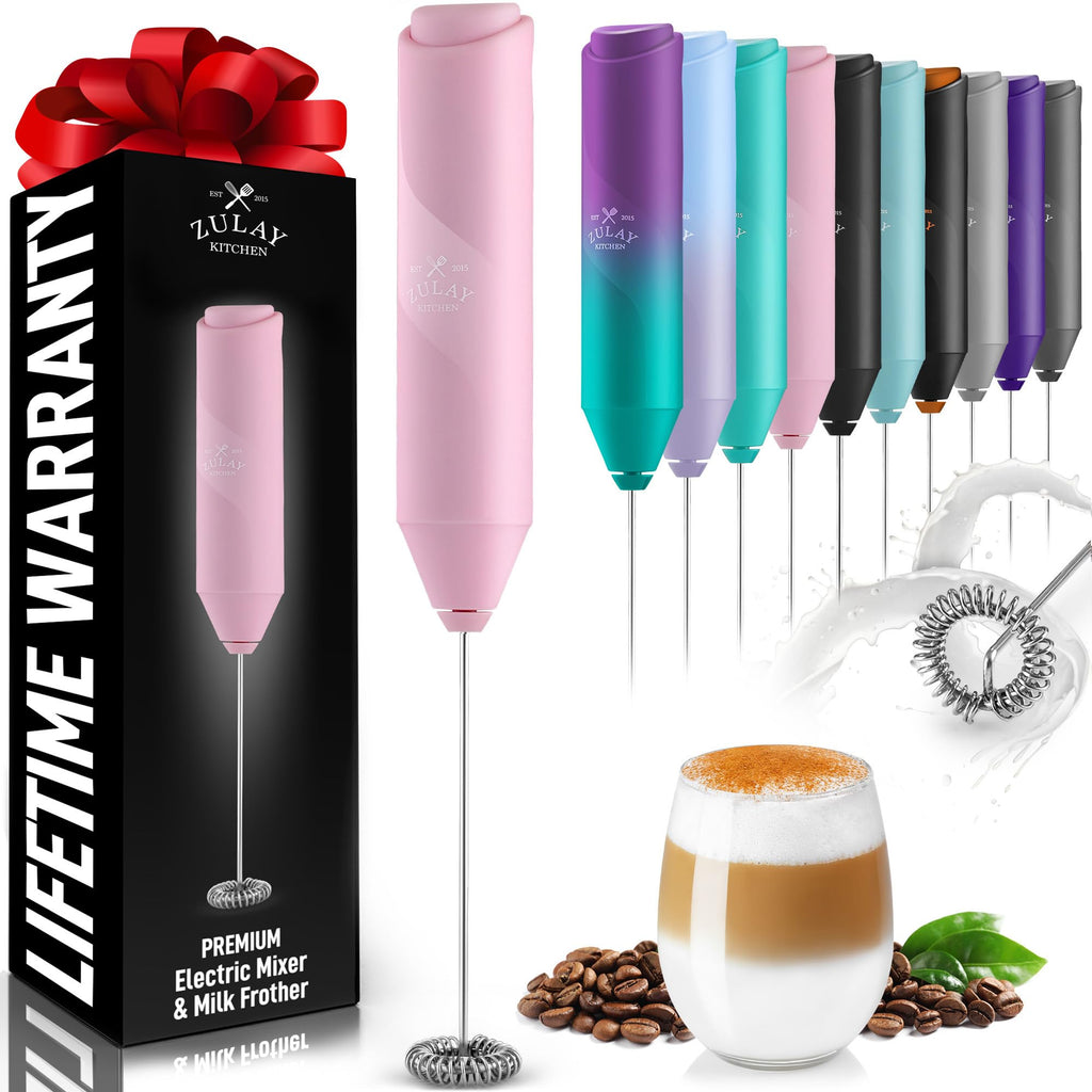 Zulay Kitchen Powerful Milk Frother AA Batteries Included – Ultra Fast Handheld Drink Mixer with Stainless Steel Whisk Stirrer for Coffee, Protein, Matcha & More, Frother Wand Electric Frothmate Black