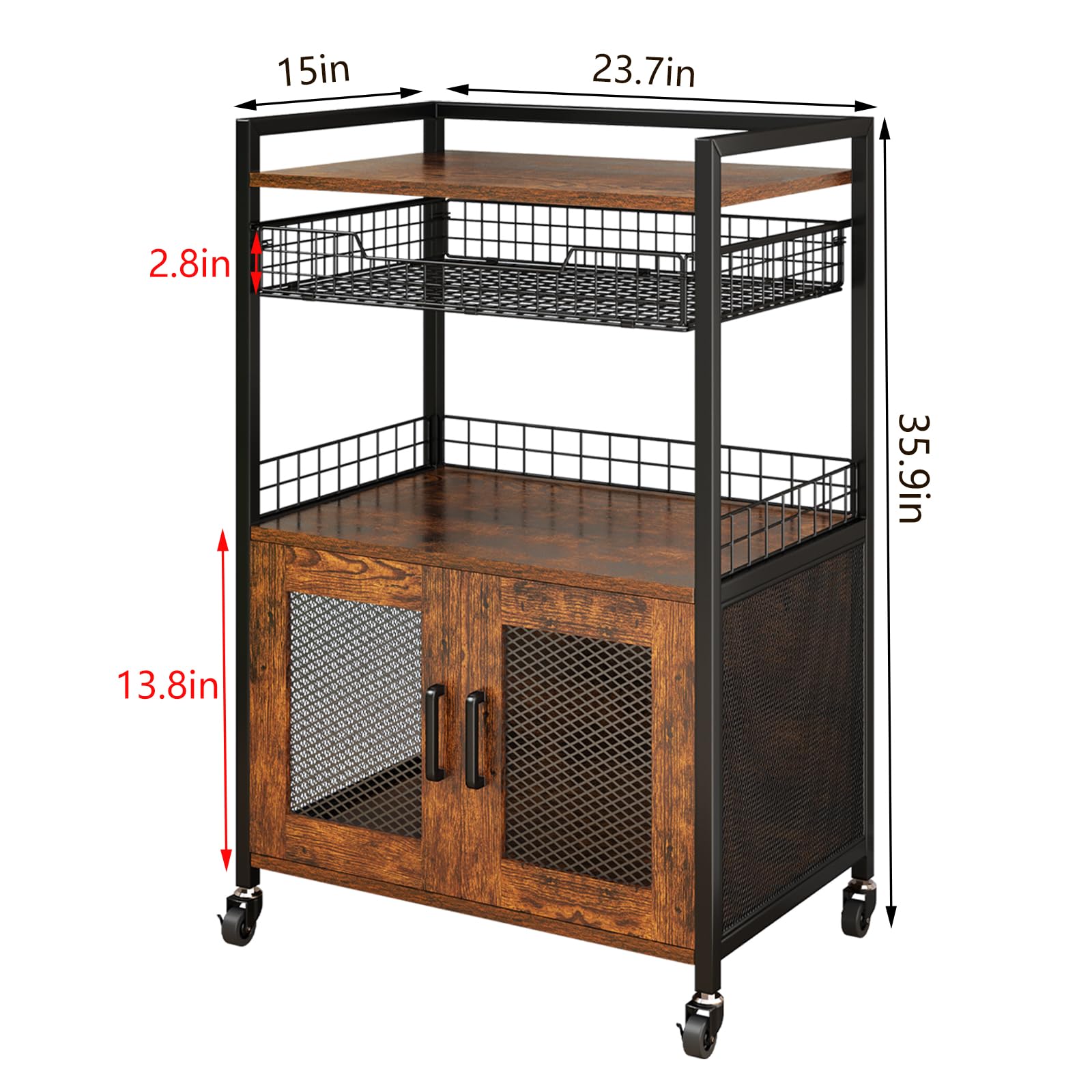 Hencawima Coffee Bar Cabinet, 3 Tier Coffee Station Table on Wheels, 35.9" H Bar Cart with Wire Basket Drawer & 5 Hooks for Home Kitchen, Liquor Buffet Sideboard Cabinet (Rustic Brown)