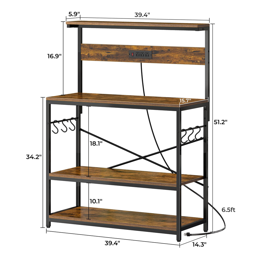 SUPERJARE Kitchen Bakers Rack with Power Outlet, Coffee Bar Table 4 Tiers, Kitchen Microwave Stand with 6 S-shaped Hooks, Storage Shelf Rack for Spices, Pots and Pans - Rustic Brown