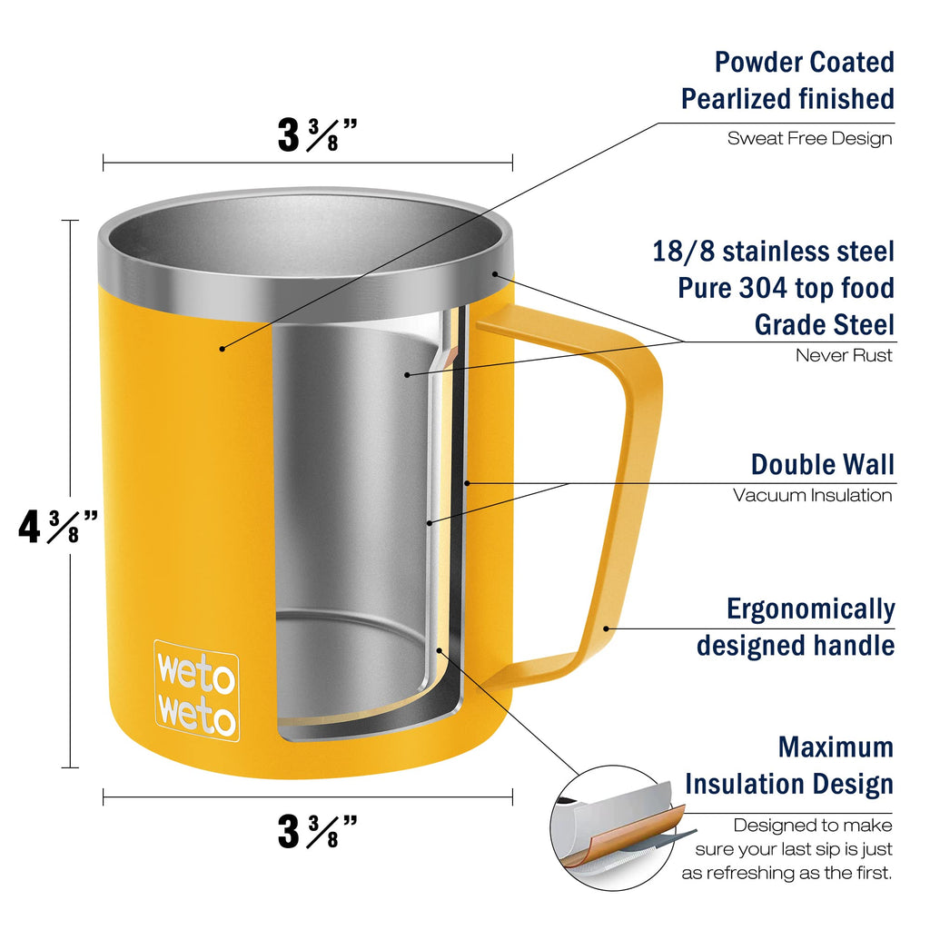 WETOWETO Coffee Mug with Handle, 14oz Insulated Stainless Steel Coffee Travel Mug, Double Wall Vacuum Reusable Coffee Cup with Lid, Powder Coated Rose Gold