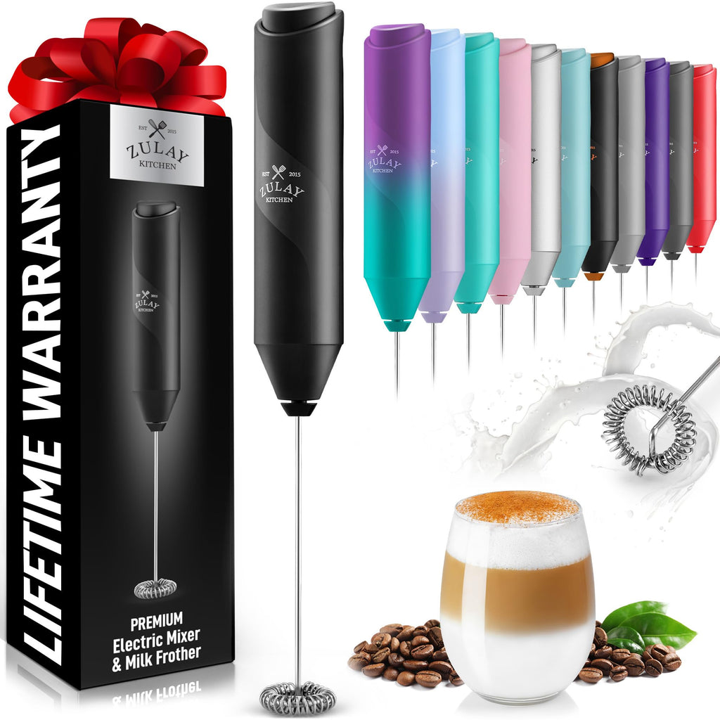 Zulay Kitchen Powerful Milk Frother AA Batteries Included – Ultra Fast Handheld Drink Mixer with Stainless Steel Whisk Stirrer for Coffee, Protein, Matcha & More, Frother Wand Electric Frothmate Black