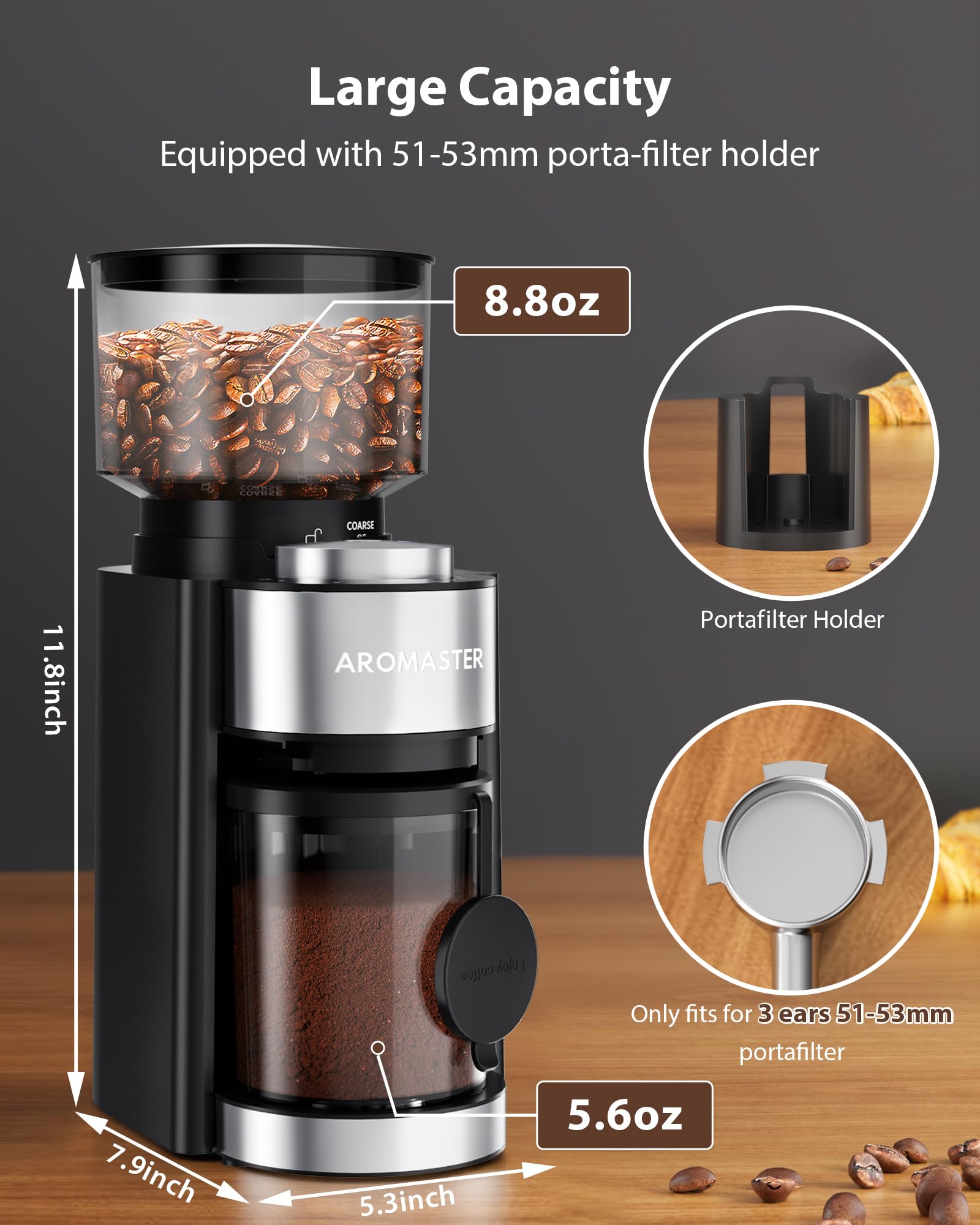 Aromaster Burr Coffee Grinder, Electric Conical Coffee Bean Grinder for Home Use, with 25 Grind Settings,3-Ears Portafilter Holder, Anti-static Design, Adjustable 2-12 Cups Timer, Cleaning Brush