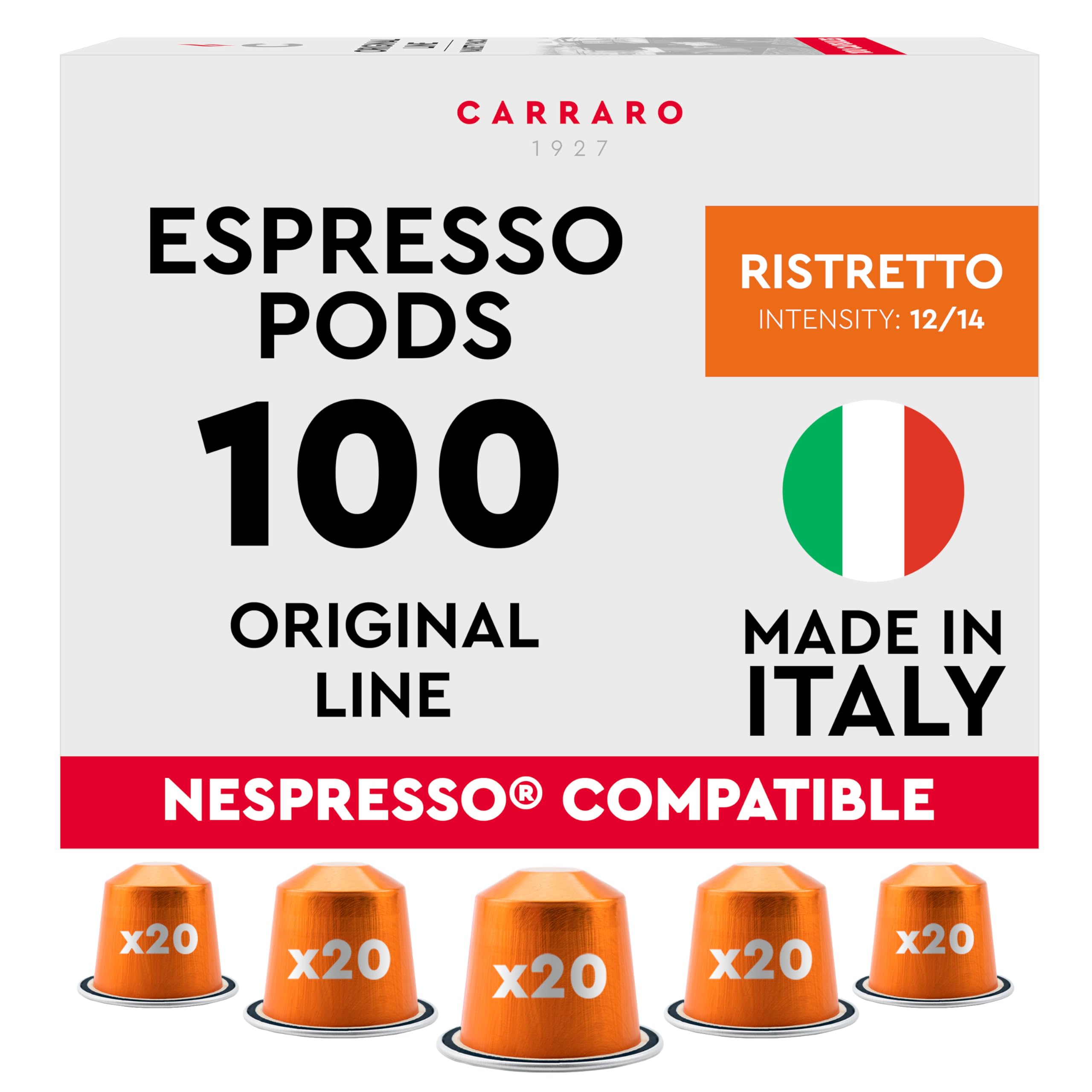 CARRARO Variety Pack - 100 Premium Espresso Pods Compatible with Nespresso Original Machines - Medium & Dark Roast Espresso Aluminum Capsules, 10 Packs - 100 Servings, Made in Italy