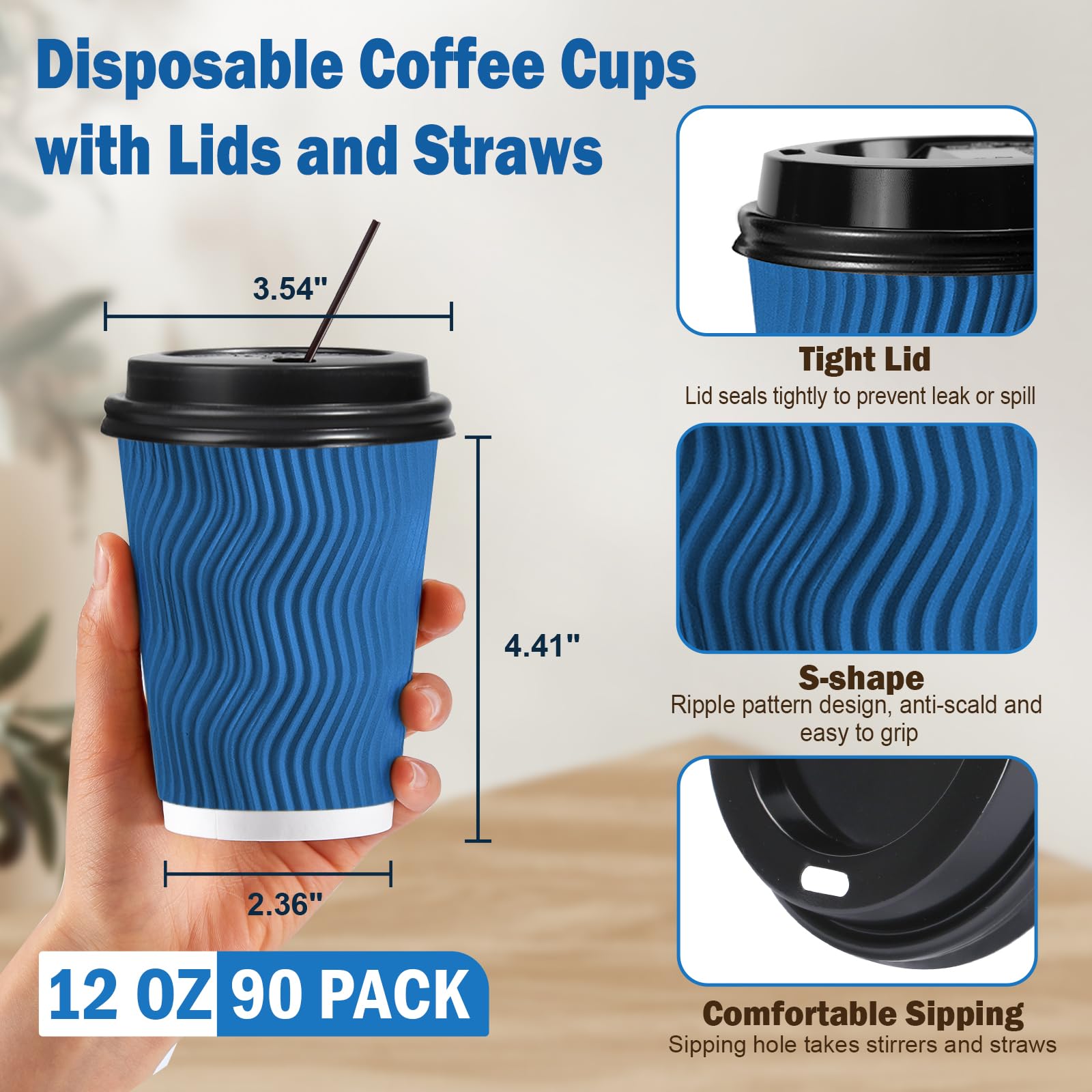 SIUQ 12 oz Coffee Cups-90 Pack Disposable Coffee Cups with Lids and Straws, Insulated Ripple Wall To Go Paper Coffee Cup for Coffee, Hot Chocolate and Hot Tea Drinks - Champagne