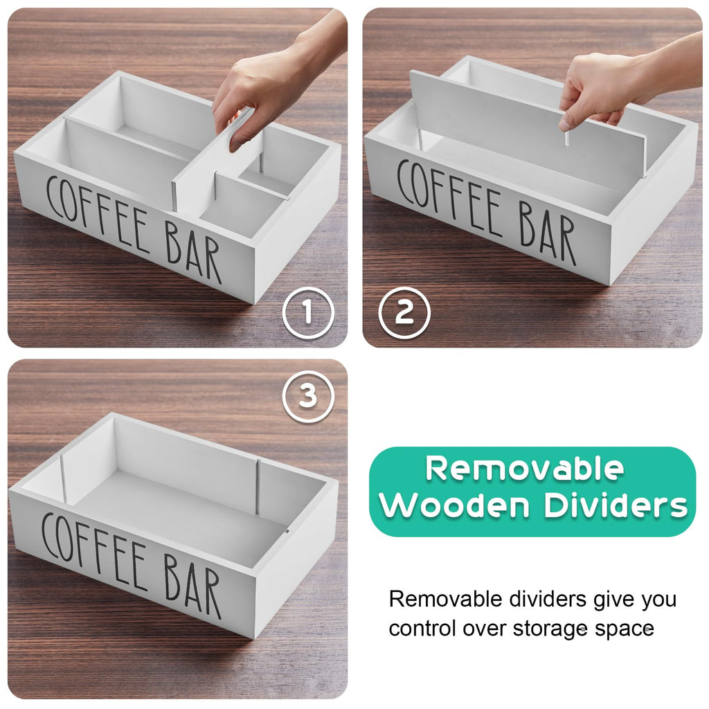 ALELION Coffee Station Organizer - Wood Countertop Accessories Organizer with Removable Dividers for Pods Condiment Syrup Tea Cups Stirrers - for Farmhouse Coffee Bar Decor