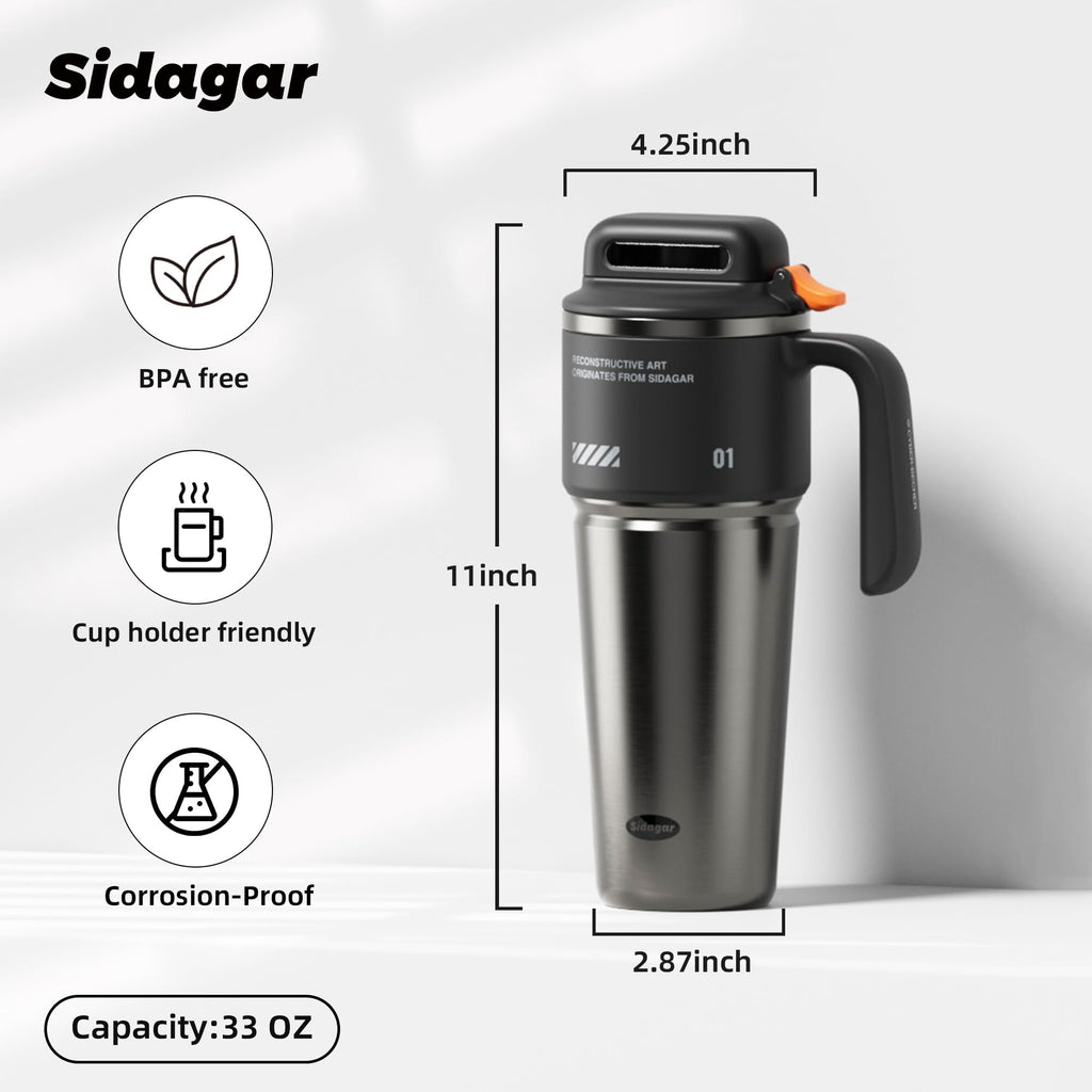 32 oz Tumbler with Handle and Straw, Vacuum Insulated Stainless Steel Travel Mug for Men, Gamer Cup with Push-button Lid, Tactical Gaming Setup Accessory, Fits in Cup Holder - Obsidian Black