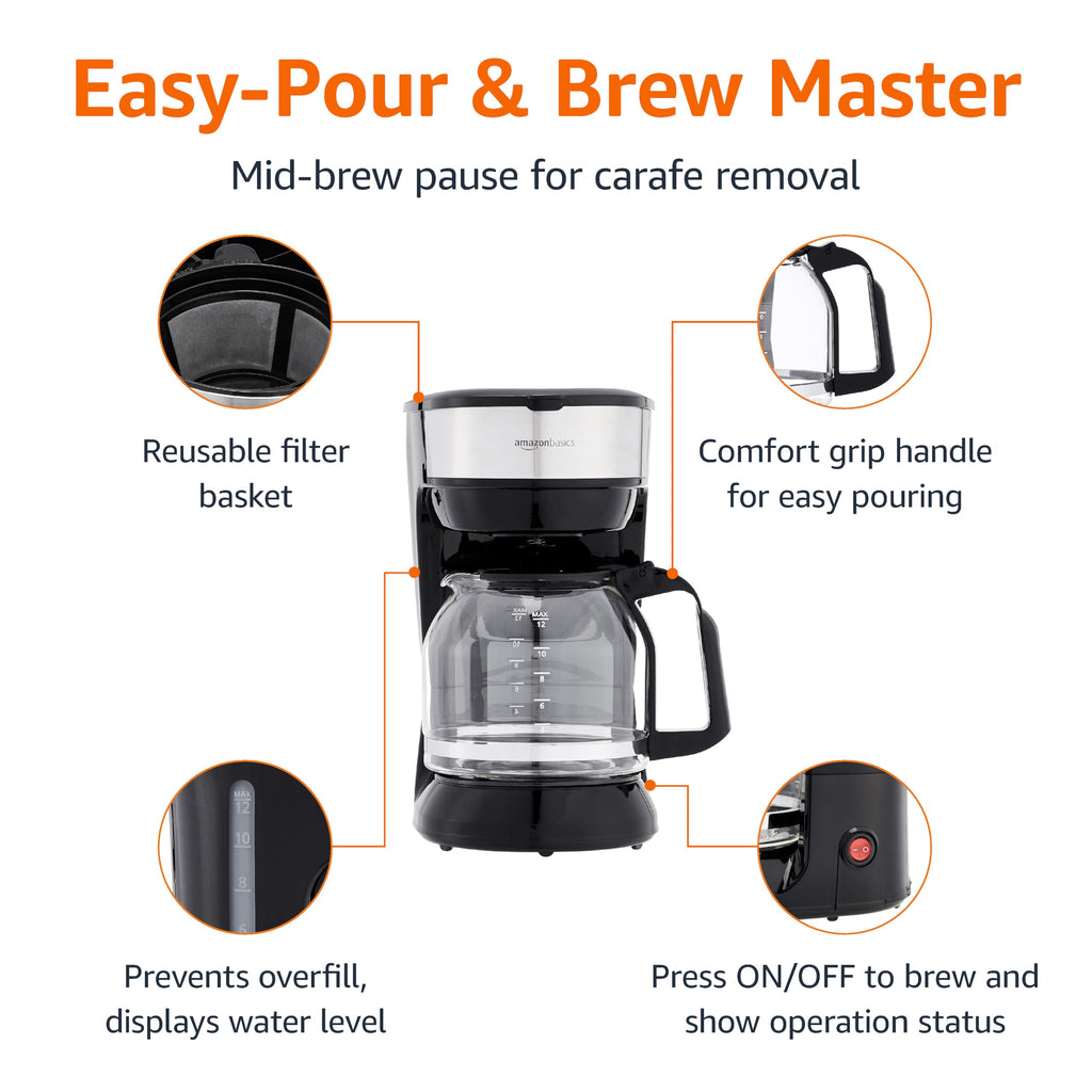 Amazon Basics 5 Cup Drip Coffee Maker with Glass Coffee Pot (0.8 Qt), Auto Shut-off, Auto Pause, Removable Filter Basket, Matte Black