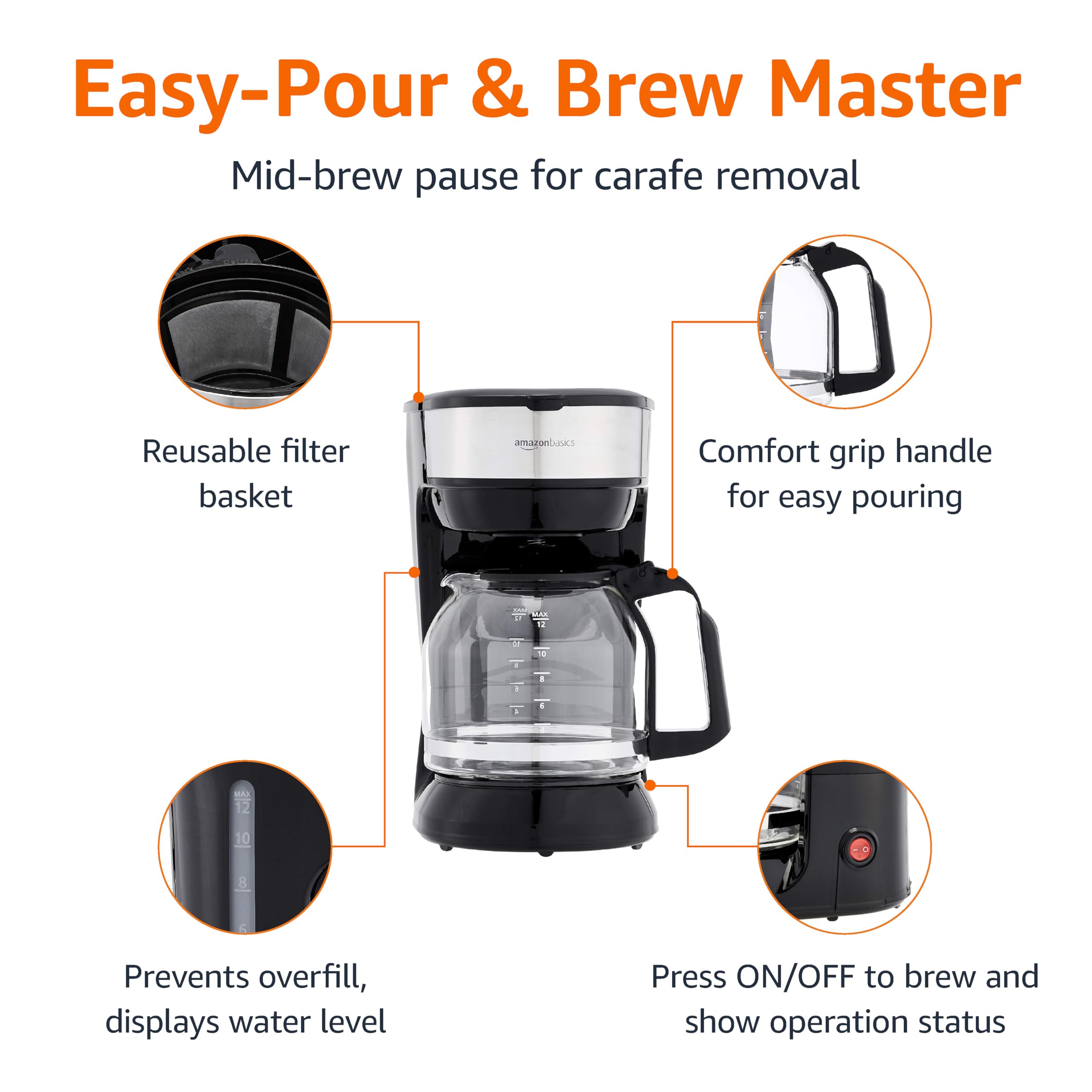 Amazon Basics 5 Cup Drip Coffee Maker with Glass Coffee Pot (0.8 Qt), Auto Shut-off, Auto Pause, Removable Filter Basket, Matte Black