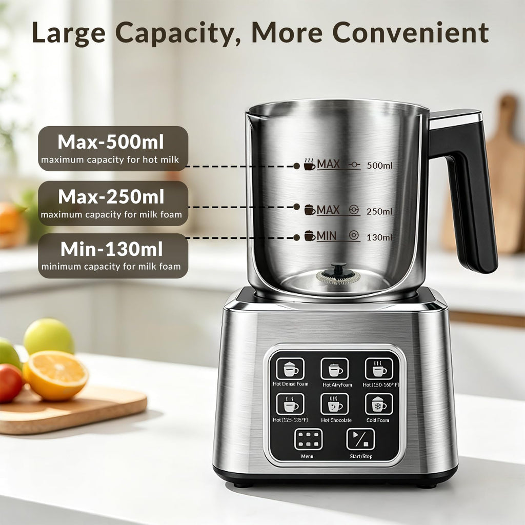 Electric Milk Frother and Steamer, 6-in-1 Automatic Milk Frother Machine with 500ml Milk Warmer, Hot & Cold Froth for Coffee, Latte & Hot Chocolate, Stainless Steel