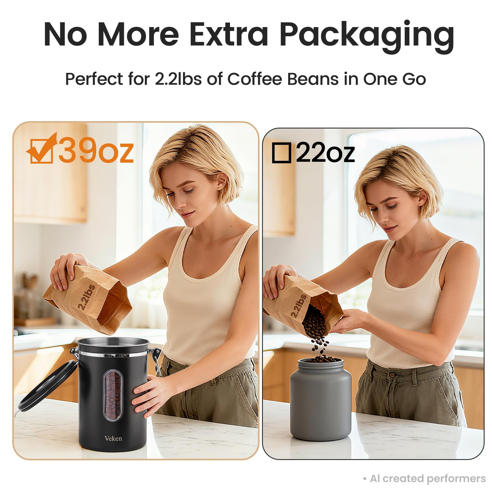 Veken Coffee Canister with Window,Airtight Stainless Steel Pantry Container,Kitchen Food Storage Organizers for Beans,Ground,Espresso,Rice,Tea,Sugar, Cereal, Bar Accessories,Gifts,Lids,Jars,22OZ,Black