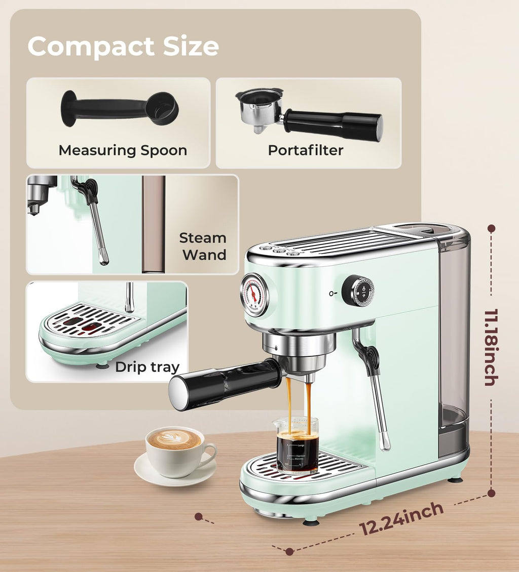 atatix Espresso Machine with Milk Frother, 20 Bar Pressure Espresso Maker, with 44OZ Removable Tank, Compact Stainless Steel Coffee Machine for Home, Office, Latte, Cappuccino, Macchiato, Silver