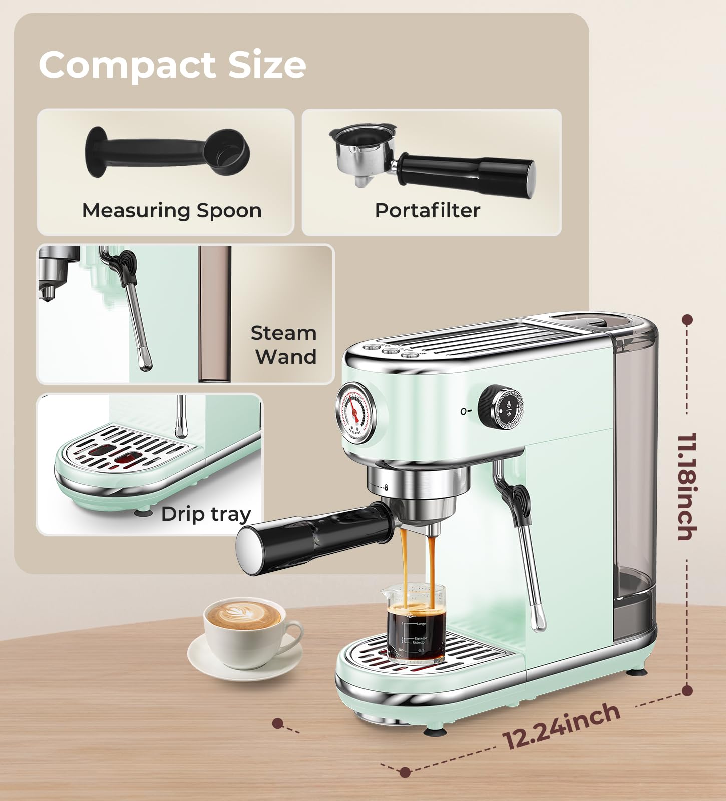 atatix Espresso Machine with Milk Frother, 20 Bar Pressure Espresso Maker, with 44OZ Removable Tank, Compact Stainless Steel Coffee Machine for Home, Office, Latte, Cappuccino, Macchiato, Silver