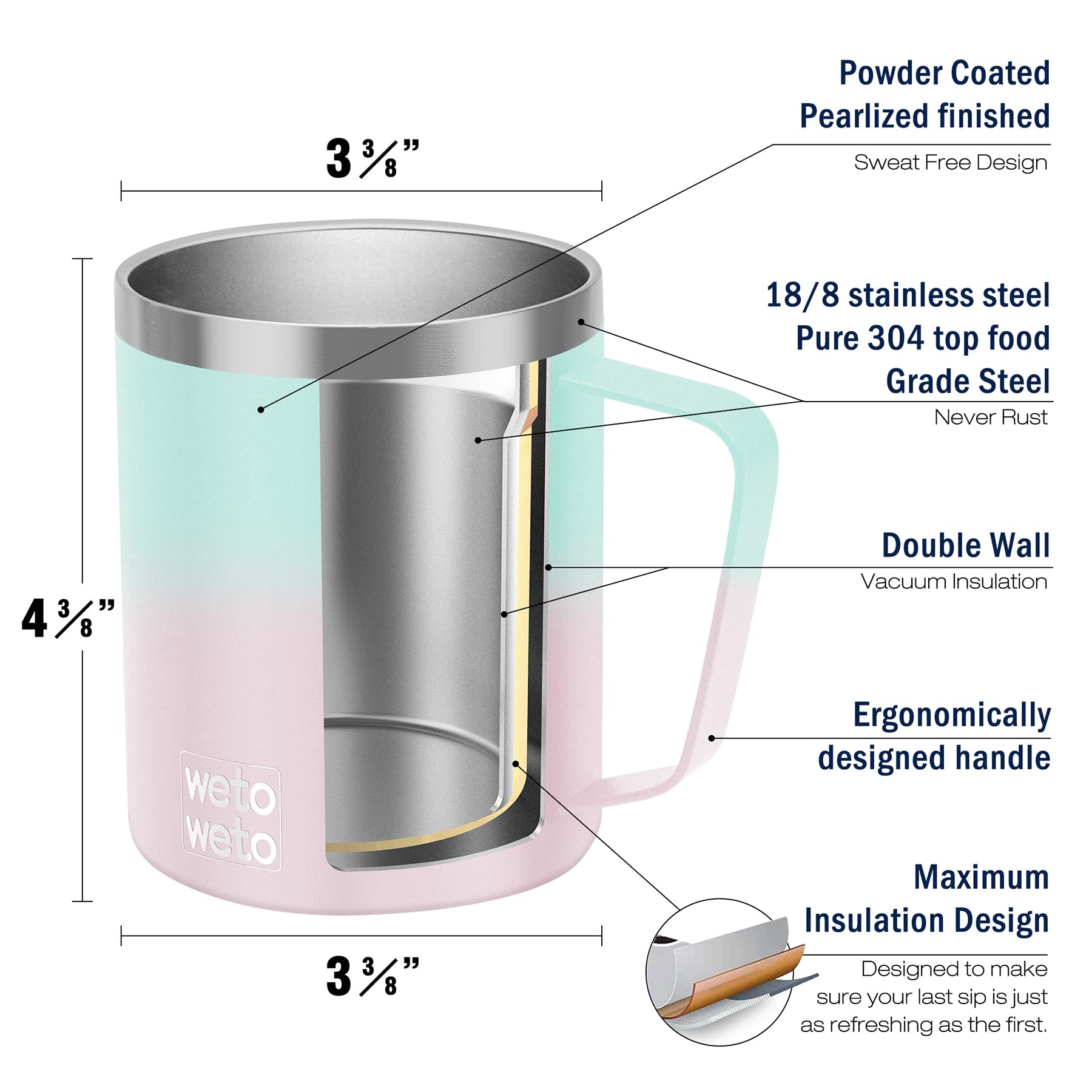 WETOWETO Coffee Mug with Handle, 14oz Insulated Stainless Steel Coffee Travel Mug, Double Wall Vacuum Reusable Coffee Cup with Lid, Powder Coated Rose Gold