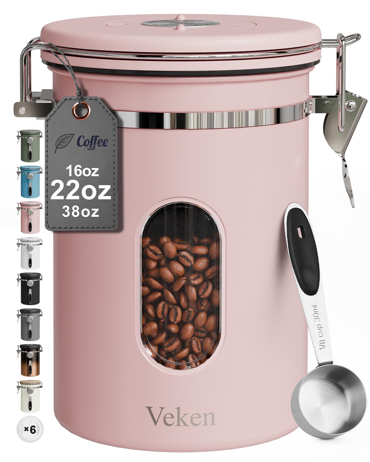 Veken Coffee Canister with Window,Airtight Stainless Steel Pantry Container,Home Kitchen Food Storage Organizers for Ground,Beans,Espresso,Rice,Tea,Sugar,Cereal, Decor,Bar Accessories,Gifts,22OZ,Black
