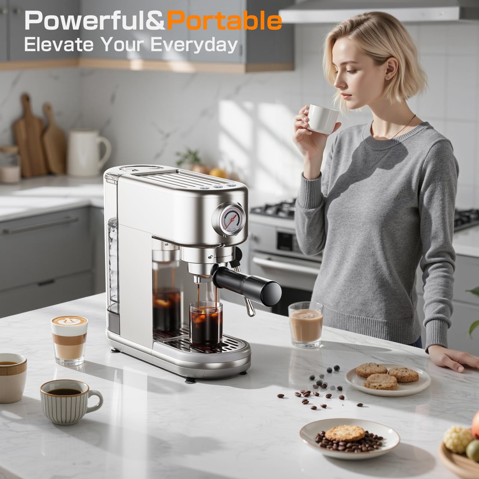 atatix Espresso Machine with Milk Frother, 20 Bar Pressure Espresso Maker, with 44OZ Removable Tank, Compact Stainless Steel Coffee Machine for Home, Office, Latte, Cappuccino, Macchiato, Silver