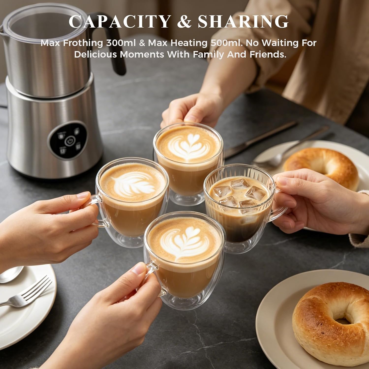 Milk Frother and Steamer, Electric Frother with Detachable Stainless Steel Jug, Hot & Cold Foam Maker for Latte, Cappuccino, Coffee, 4-in-1 Automatic Milk Warmer, 17oz Heat