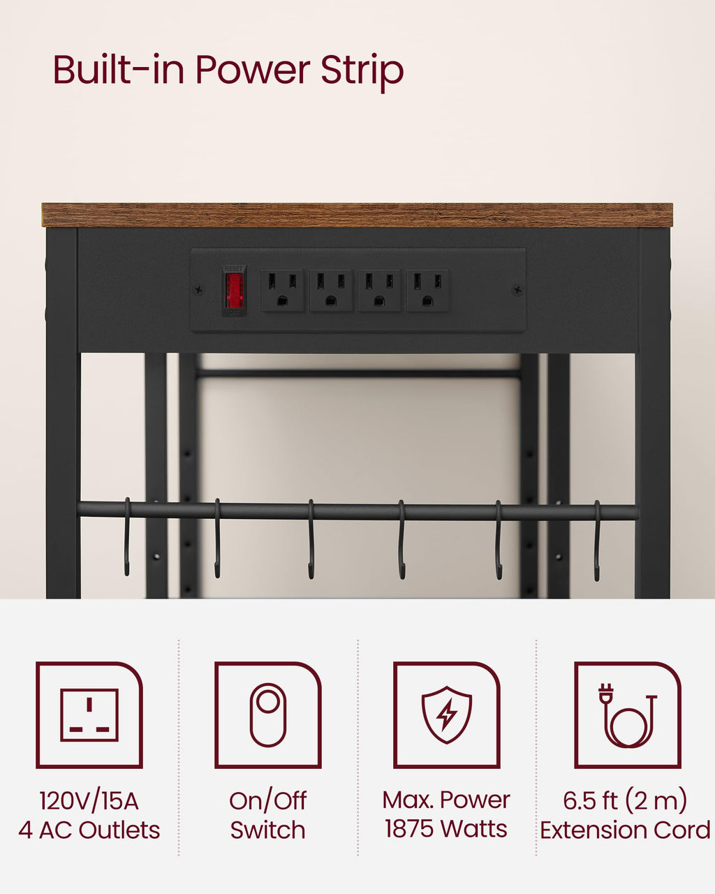 VASAGLE Baker's Rack, Coffee Bar Stand with Charging Station, 35.6 Inches Tall, Storage Shelves, Pull-Out Wire Basket, Table for Microwave, Kitchen, Rustic Brown and Ink Black UKKS036K01