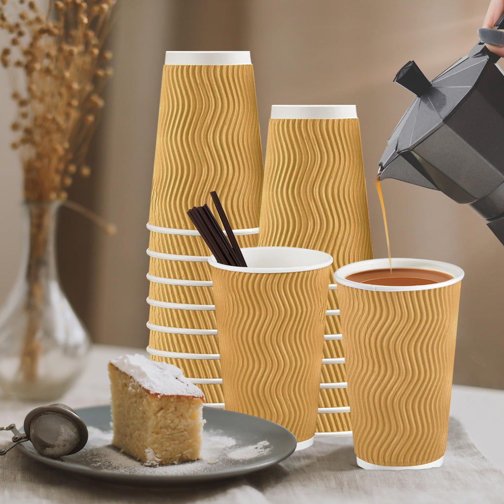SIUQ 12 oz Coffee Cups-90 Pack Disposable Coffee Cups with Lids and Straws, Insulated Ripple Wall To Go Paper Coffee Cup for Coffee, Hot Chocolate and Hot Tea Drinks - Champagne