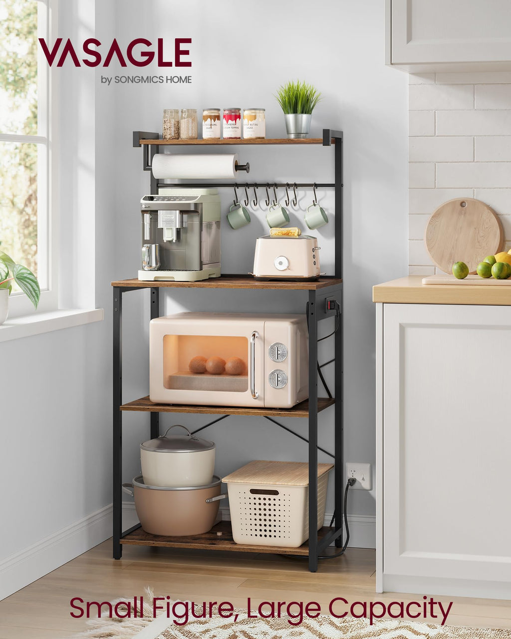 VASAGLE BARNET Collection - Kitchen Bakers Rack with Power Outlet, 31.5-Inch Wide Coffee Bar 4-Tier with 8 S Hooks, Modern Microwave Stand, Adjustable Shelf, Rustic Brown and Ink Black UKKS029KD01