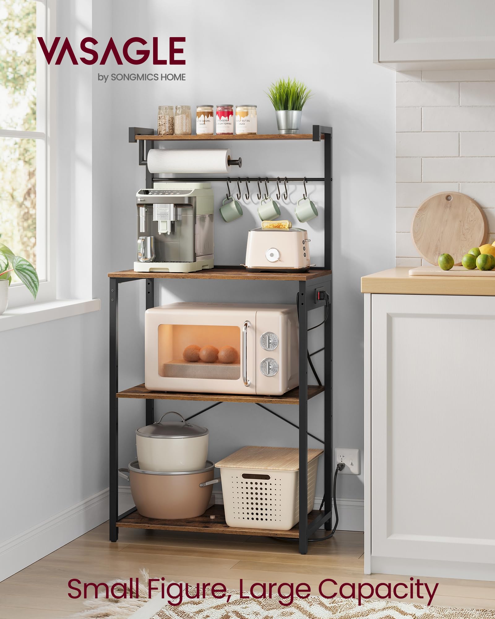 VASAGLE BARNET Collection - Kitchen Bakers Rack with Power Outlet, 31.5-Inch Wide Coffee Bar 4-Tier with 8 S Hooks, Modern Microwave Stand, Adjustable Shelf, Rustic Brown and Ink Black UKKS029KD01