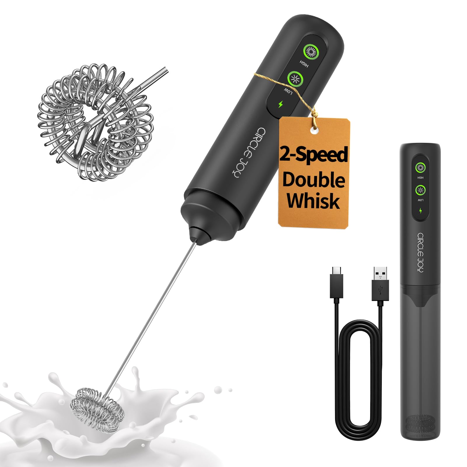 CIRCLE JOY Rechargeable Milk Frother Hanheld, Dual Coil Whisk Head Electric Coffee Frother, Portable Hand Frother Wand Drink Mixer for Matcha Lattes Cappuccino, Kitchen Gifts, Black