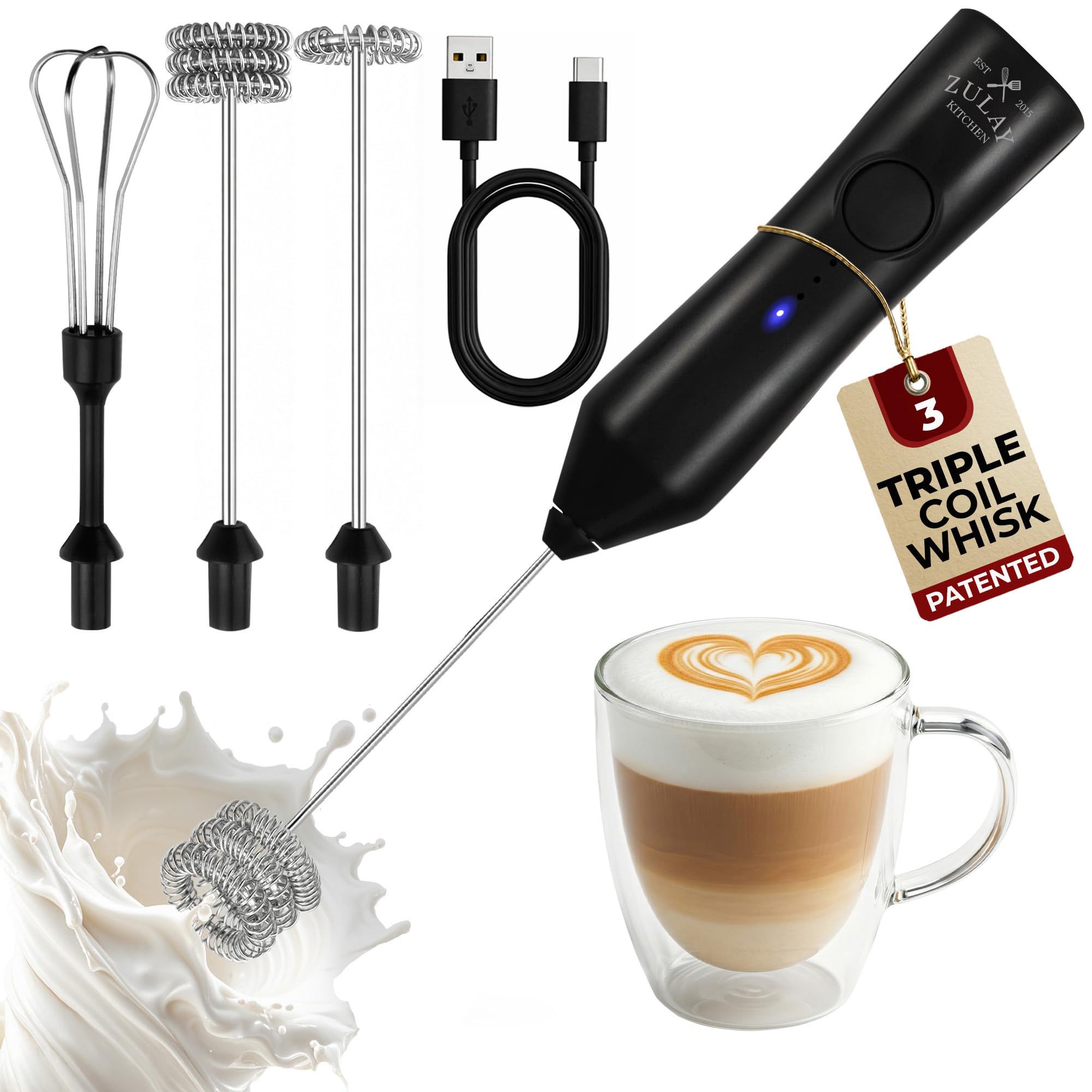 Zulay Kitchen Rechargeable Milk Frother Handheld - Frother Wand, Drink Mixer, Electric Whisk Frother, for Cappuccinos, Matcha & Protein Powder - Lux 4 Whisk 2 Speed Waterproof 2000mAh Alpha Black